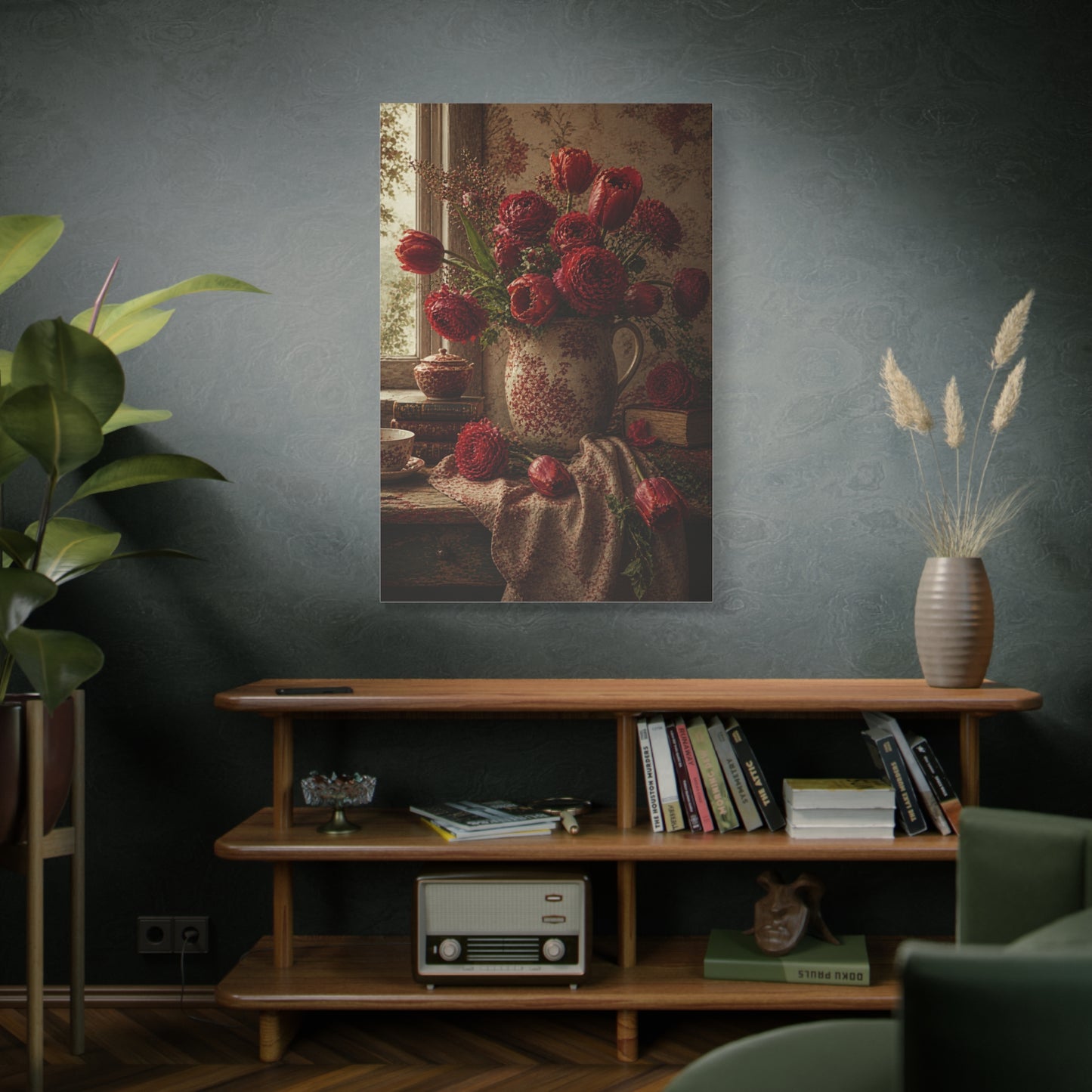 English Cottage Red Floral Still Life Wall Art & Canvas Print