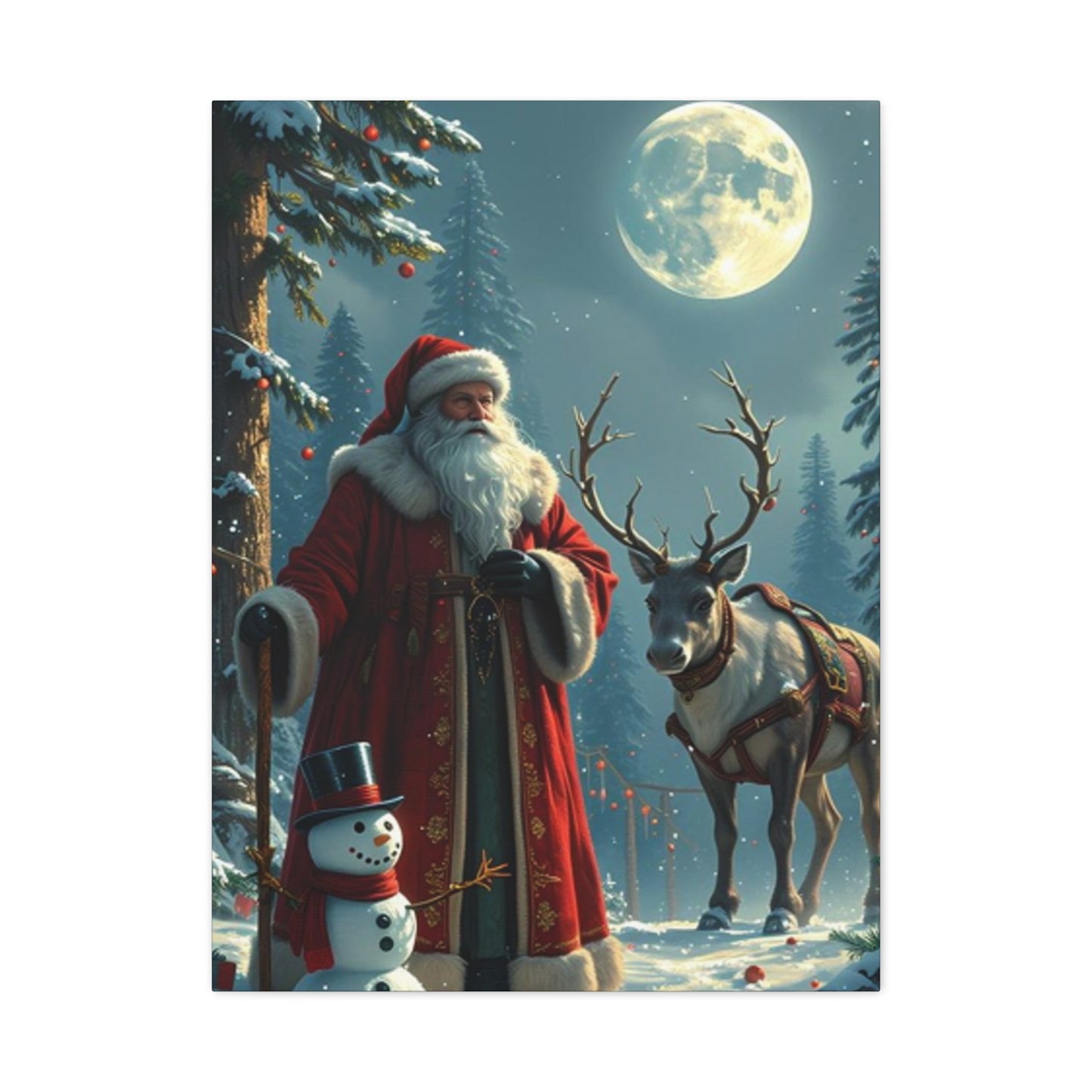 Santa Claus And Reindeer In Snow Wall Art & Canvas Prints