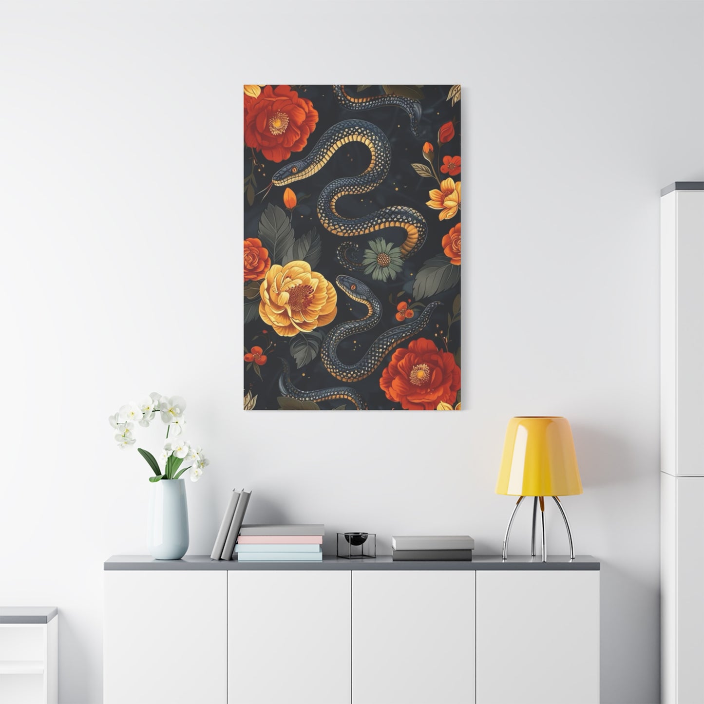 Black Cobra And Flower Heads Wall Art & Canvas Prints