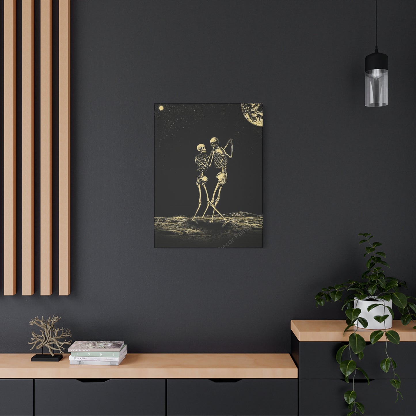 Dancing Skeleton On Moon Wall Art & Canvas Prints