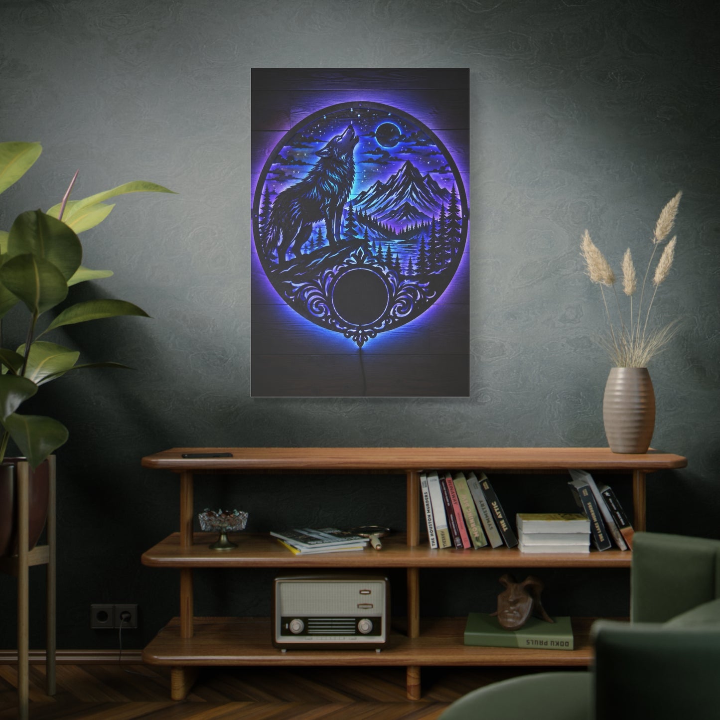 LED Mountain Wolf Night Circle Scene Wall Art & Canvas Print
