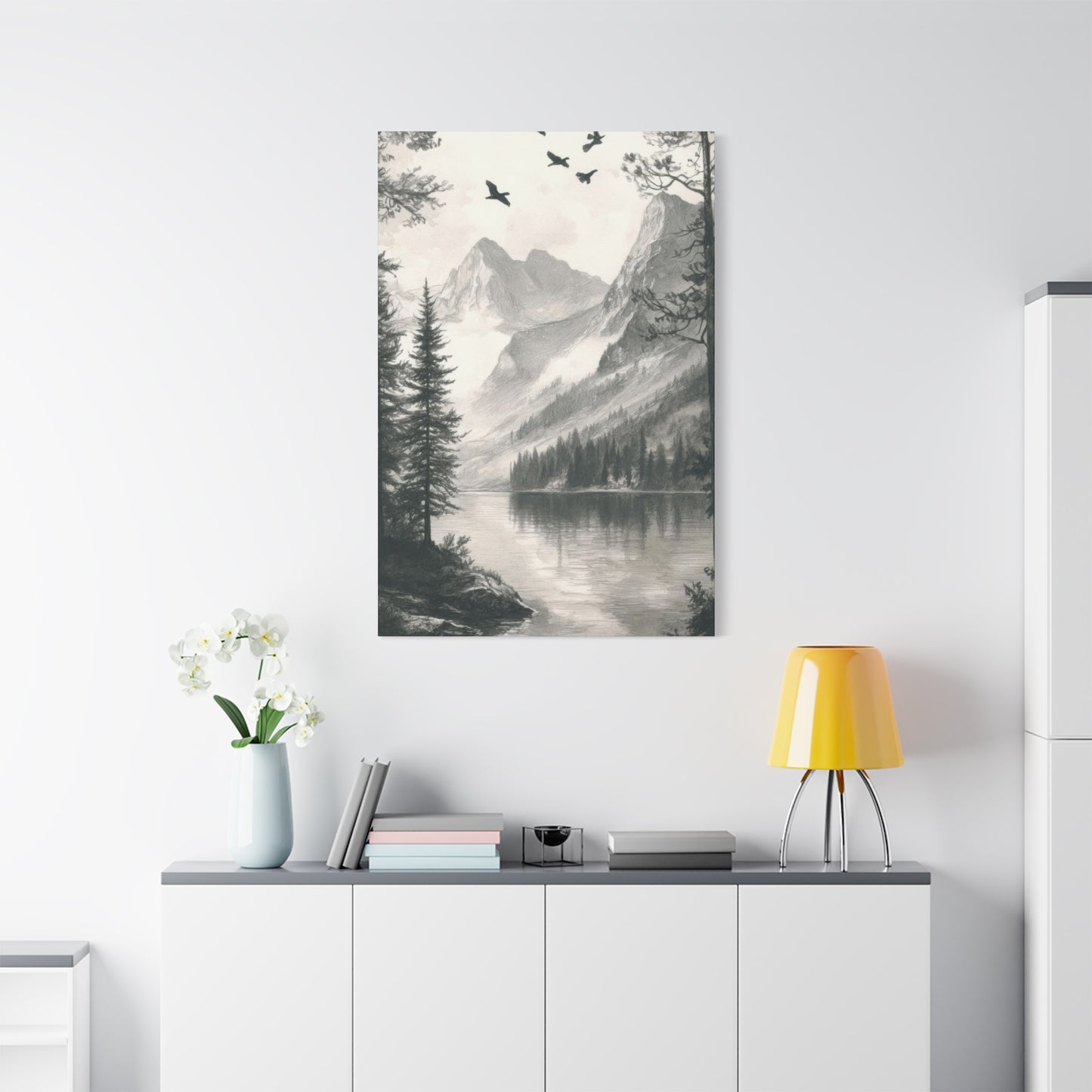 Lake Through Forest Grey Wall Art & Canvas Prints