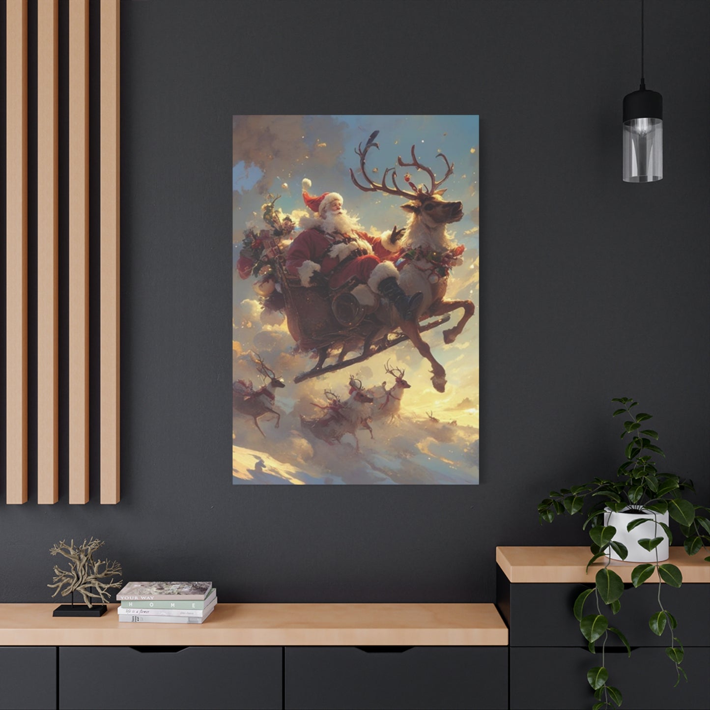 Santa Claus And Reindeer Flying Wall Art & Canvas Prints