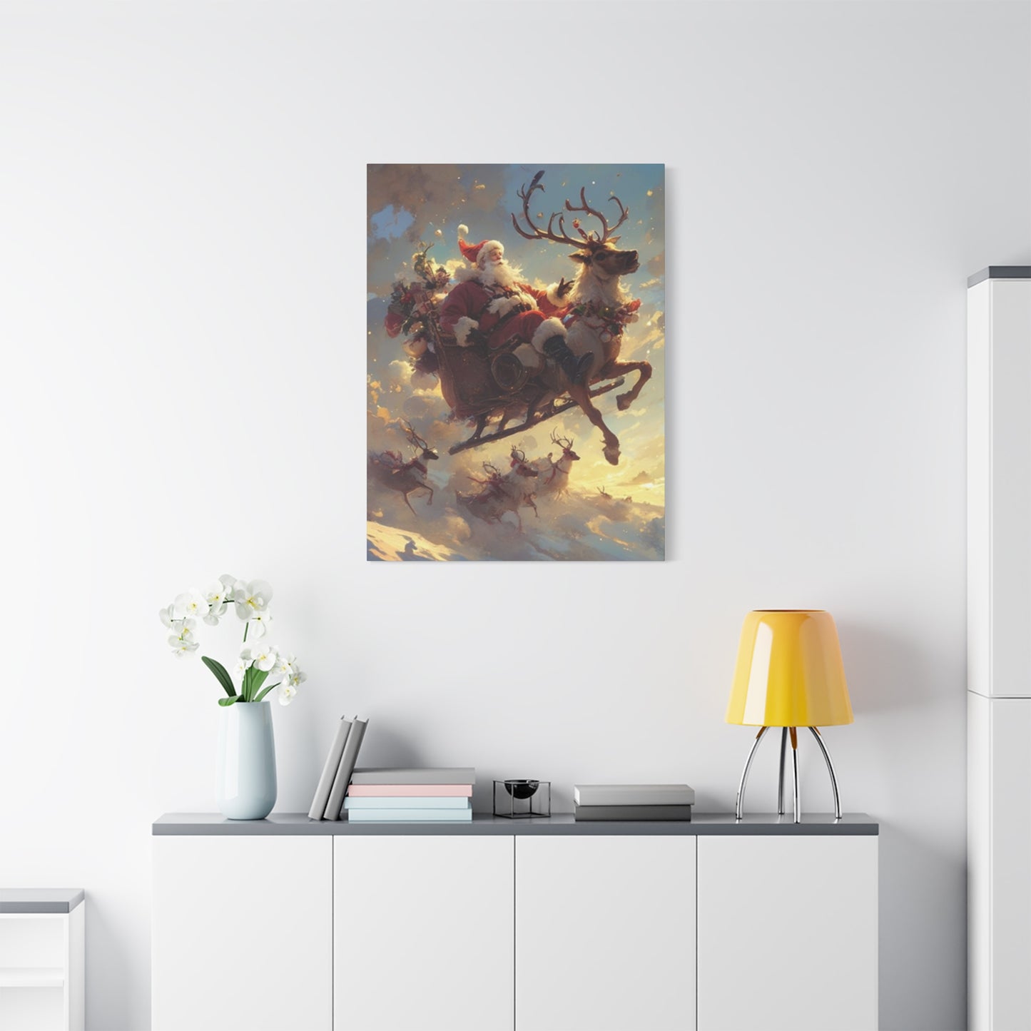 Santa Claus And Reindeer Flying Wall Art & Canvas Prints