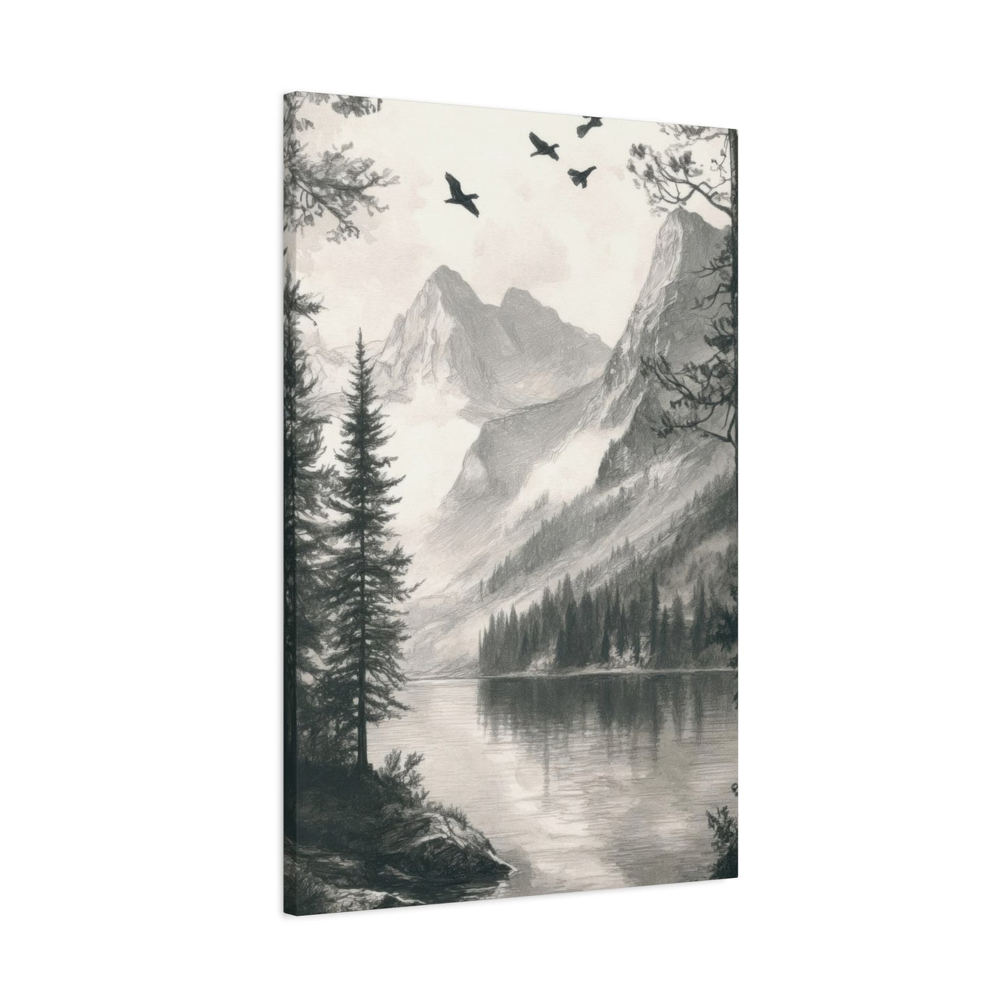 Lake Through Forest Grey Wall Art & Canvas Prints