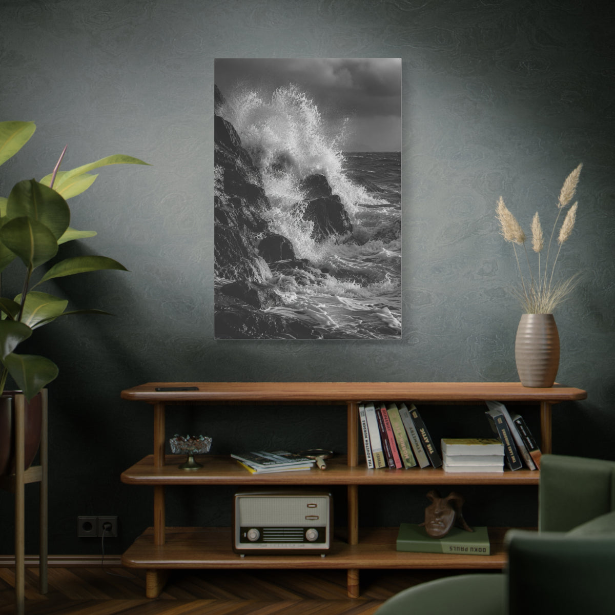 Monochrome Ocean Impact Rock Scene Wall Art & Canvas Print