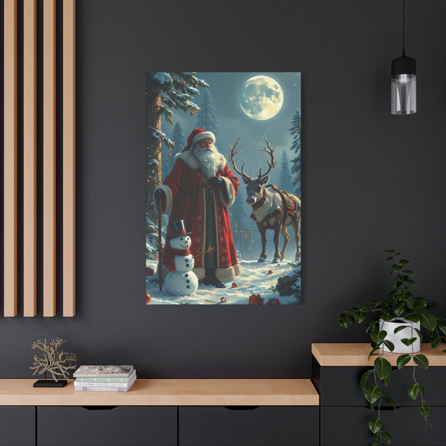 Santa Claus And Reindeer In Snow Wall Art & Canvas Prints