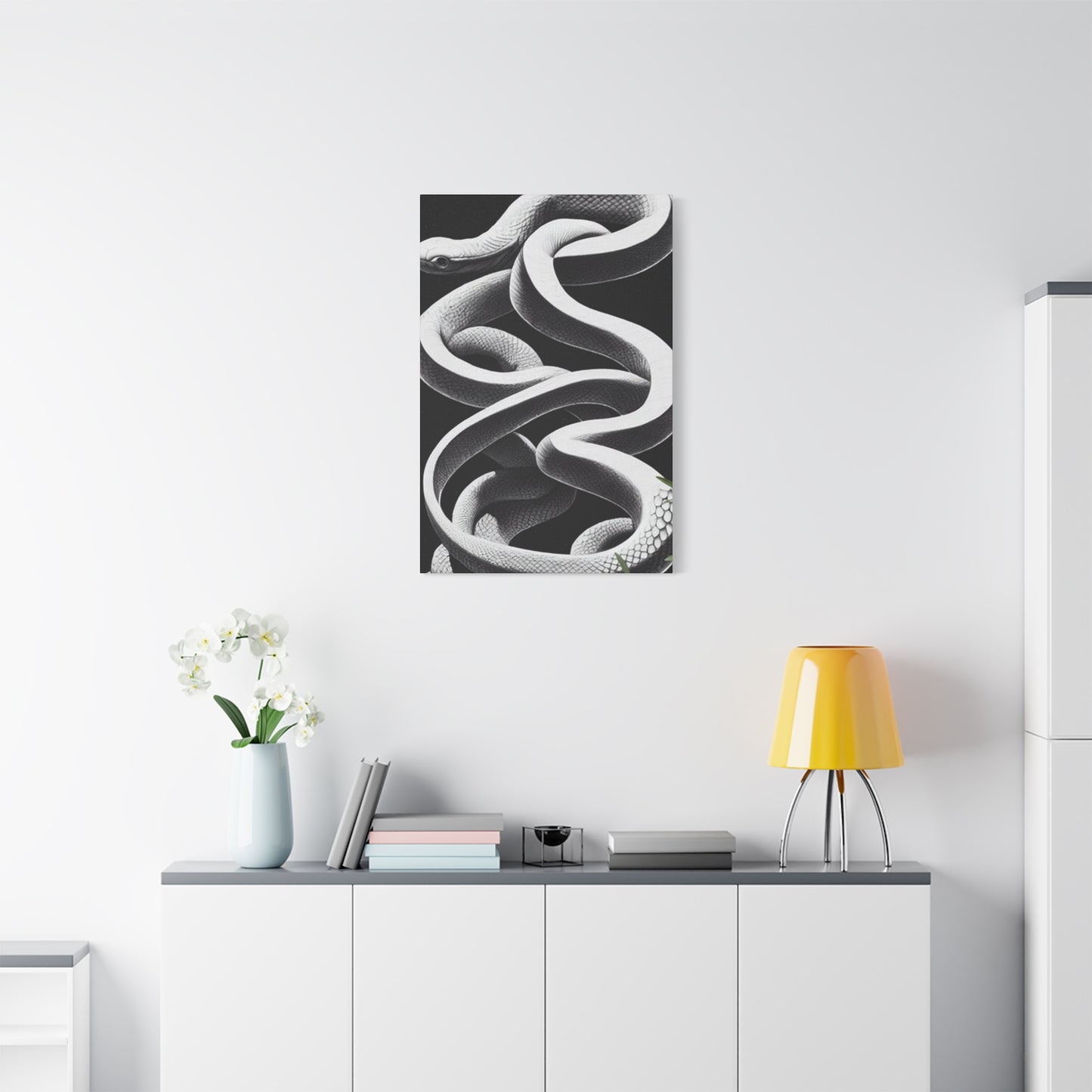 White Snake On Black Poster Wall Art & Canvas Prints