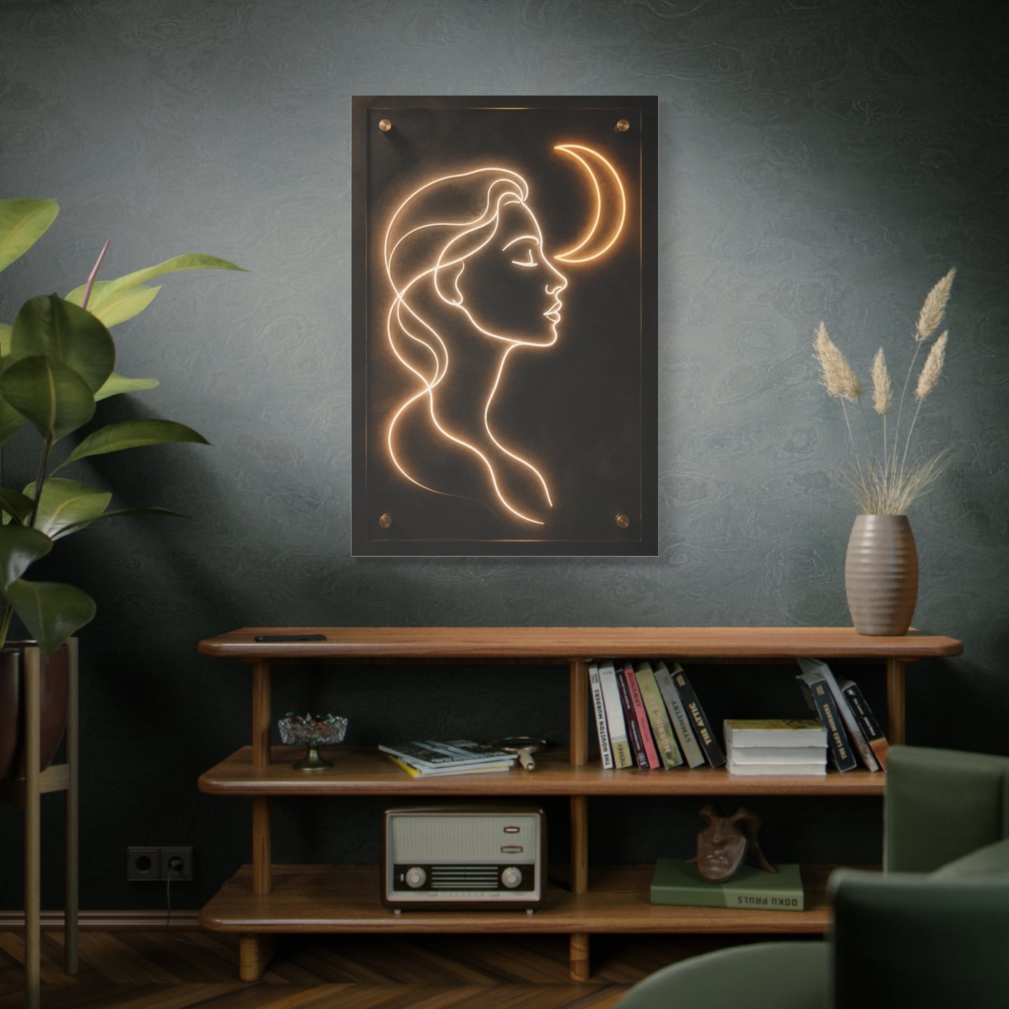 Neon Crescent Muse Line Art Wall Art & Canvas Print