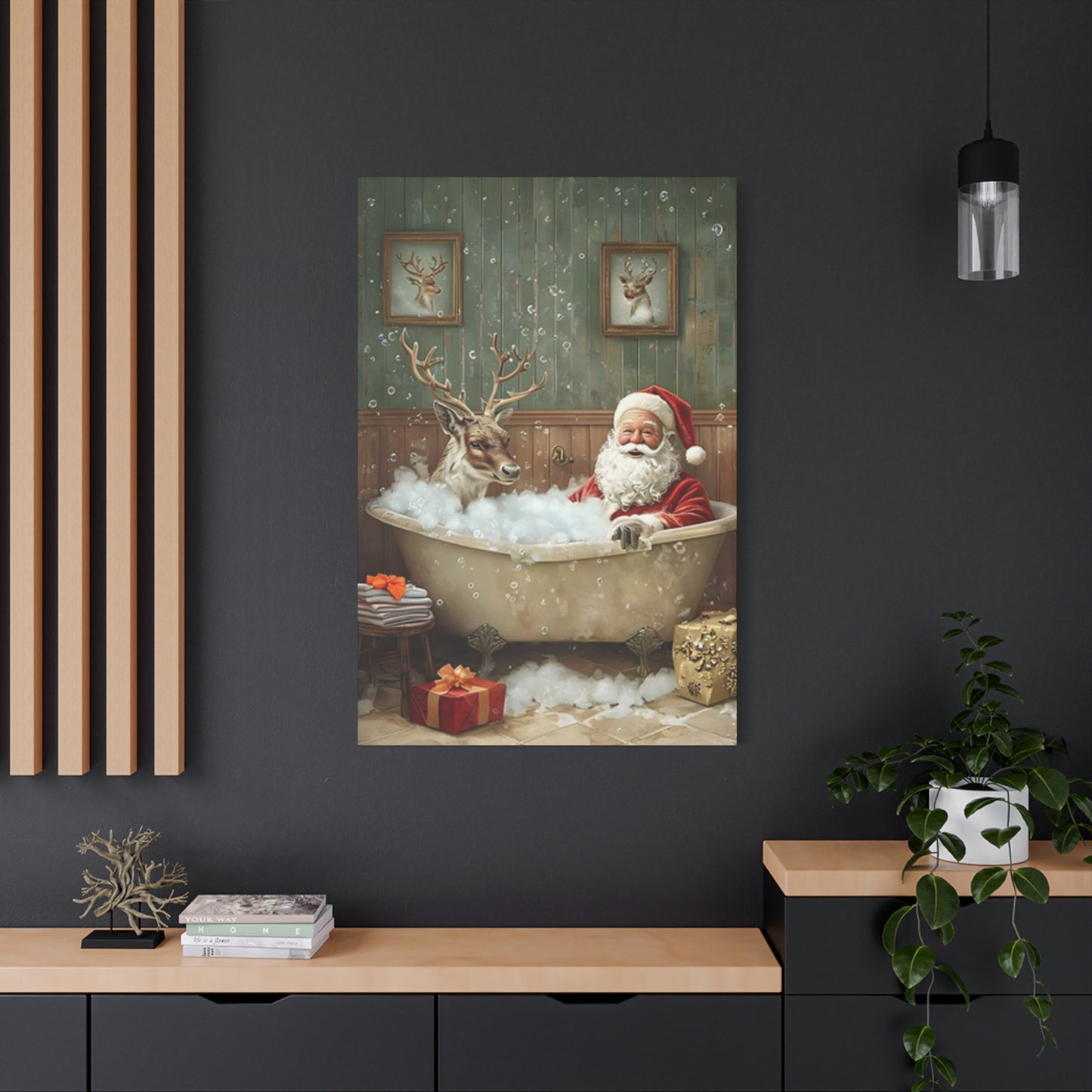 Santa Claus Bathing With Reindeer Painting Wall Art & Canvas Prints