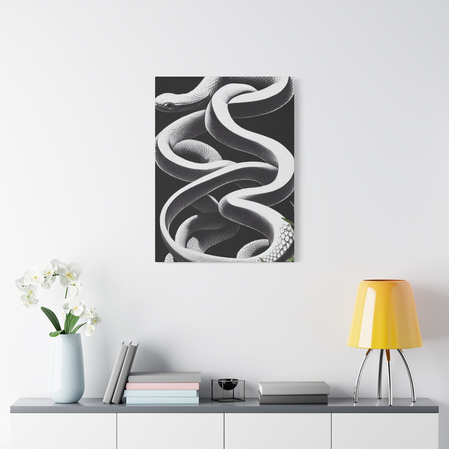 White Snake On Black Poster Wall Art & Canvas Prints