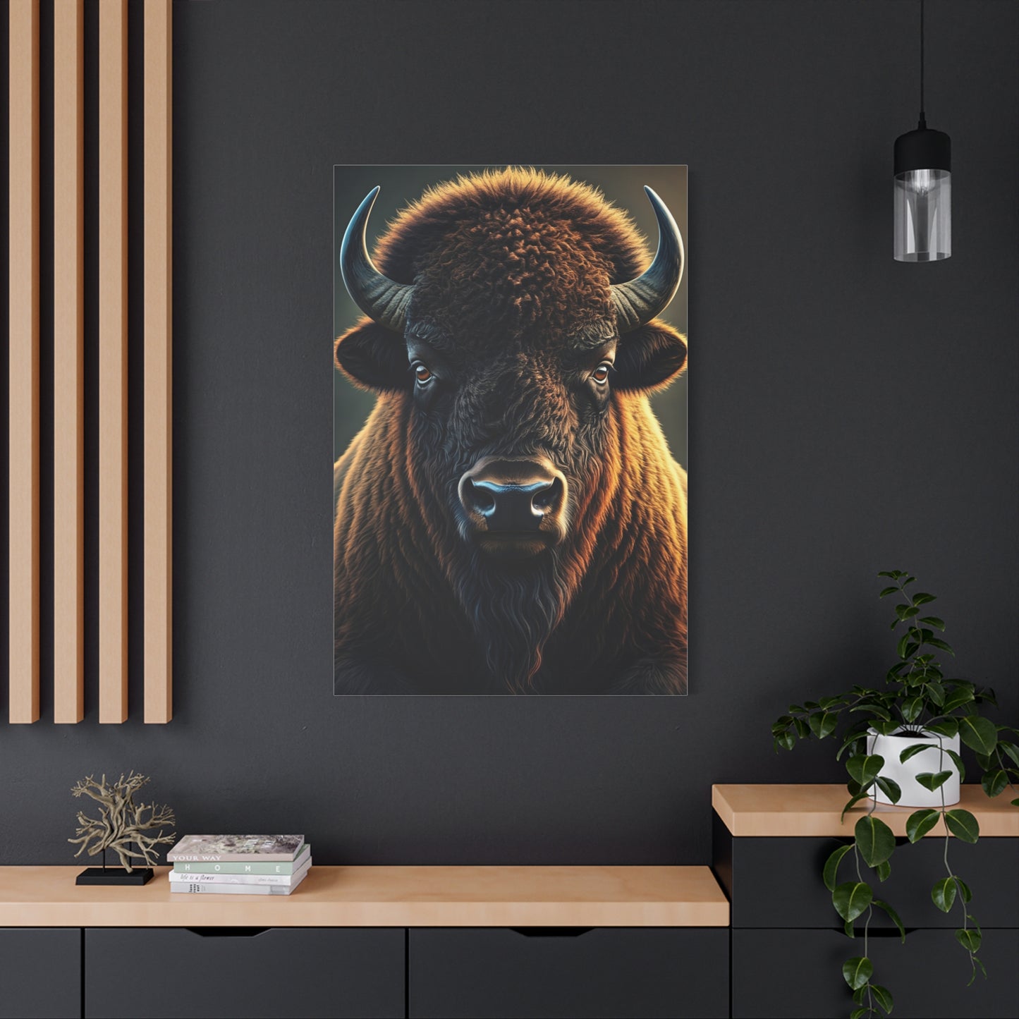 Cinematic Frontal Bison Portrait with Golden Backlight Wall Art & Canvas Print