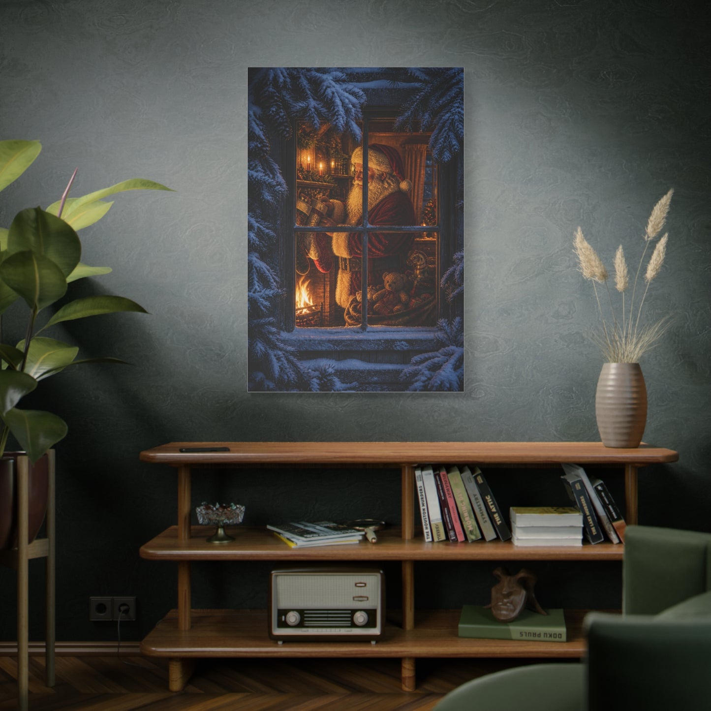 Snowy Cottage Window Santa Scene Wall Art & Canvas Print