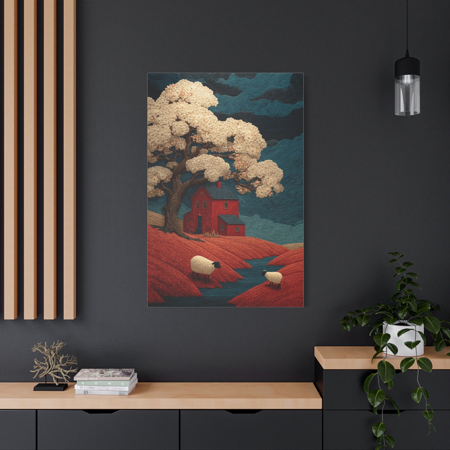 Primitive Farmhouse Sheep Folk Scene Wall Art & Canvas Print