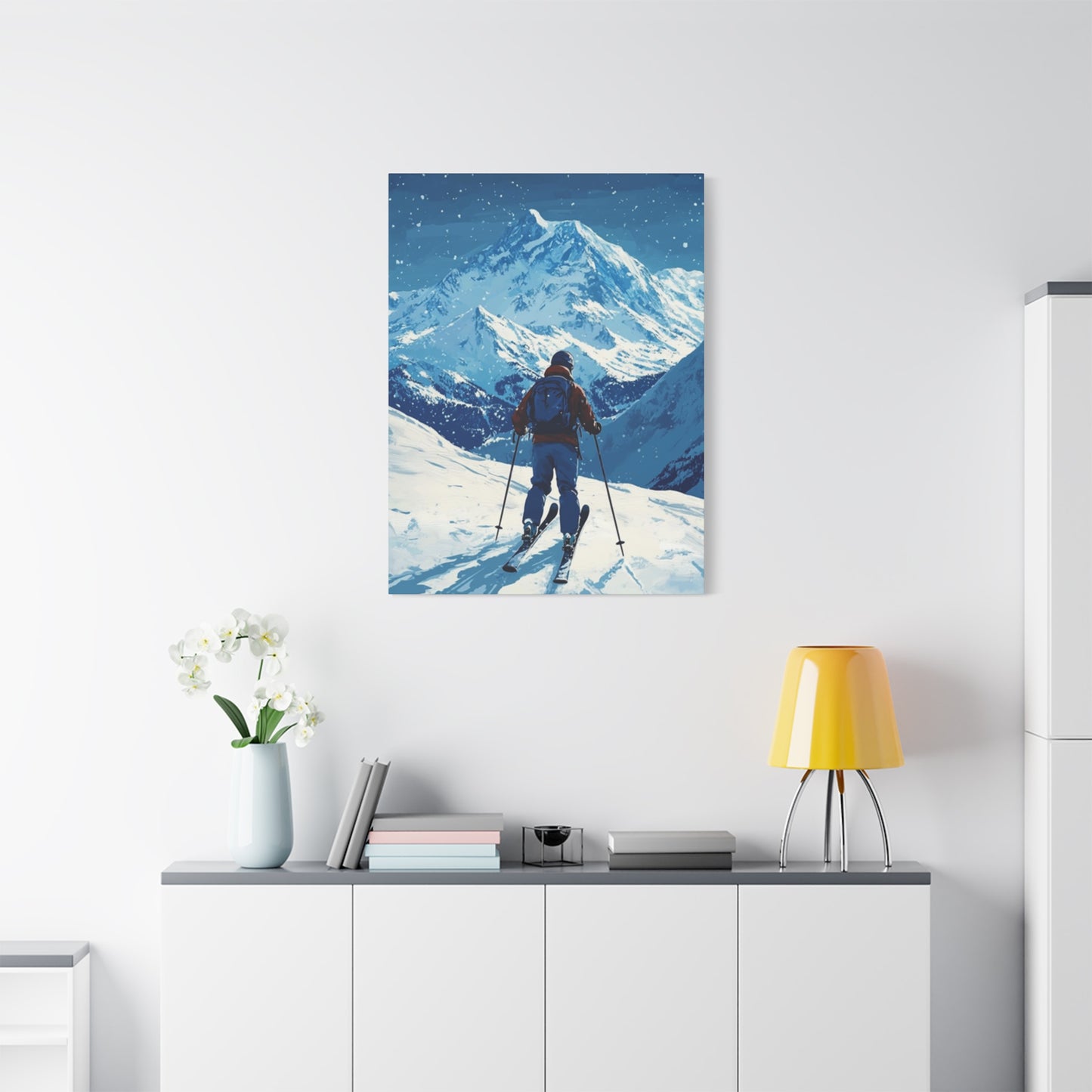 Skiing On A Snowy Mountain At Night Wall Art & Canvas Prints