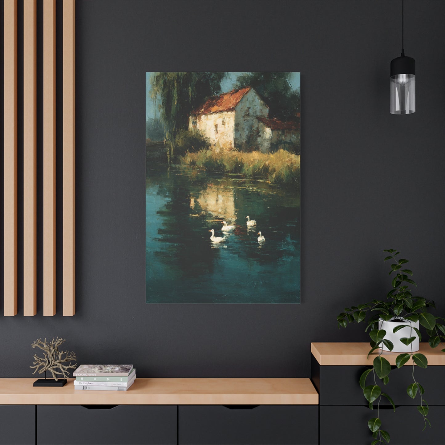 Farmhouse Pond with Ducks Reflection Wall Art & Canvas Print
