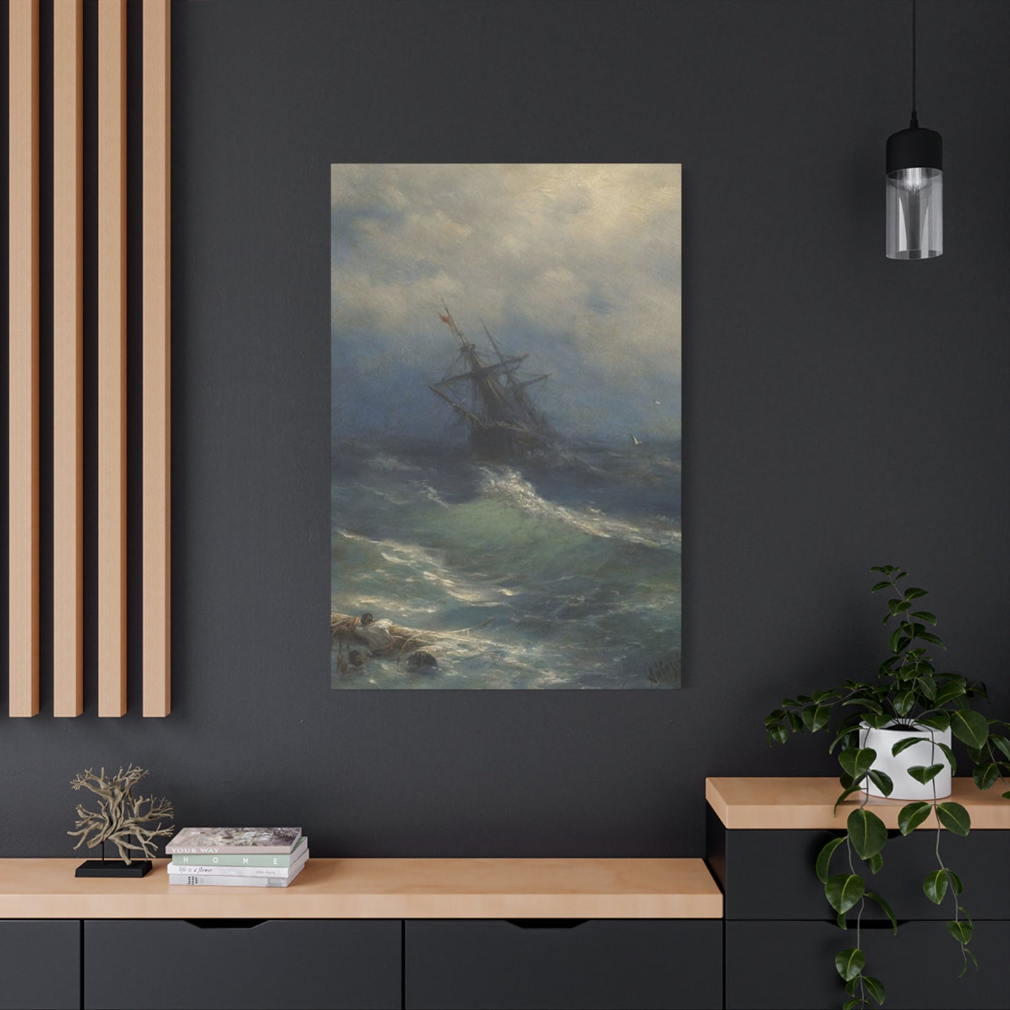 Black Sailing Ship At Waves Wall Art & Canvas Prints