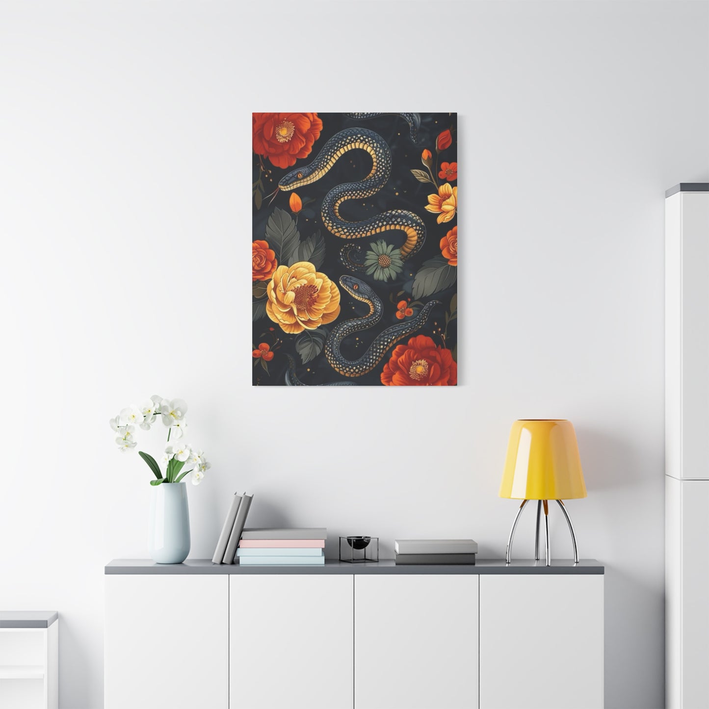 Black Cobra And Flower Heads Wall Art & Canvas Prints
