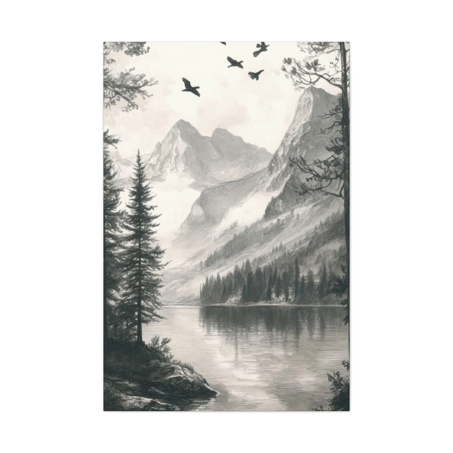Lake Through Forest Grey Wall Art & Canvas Prints