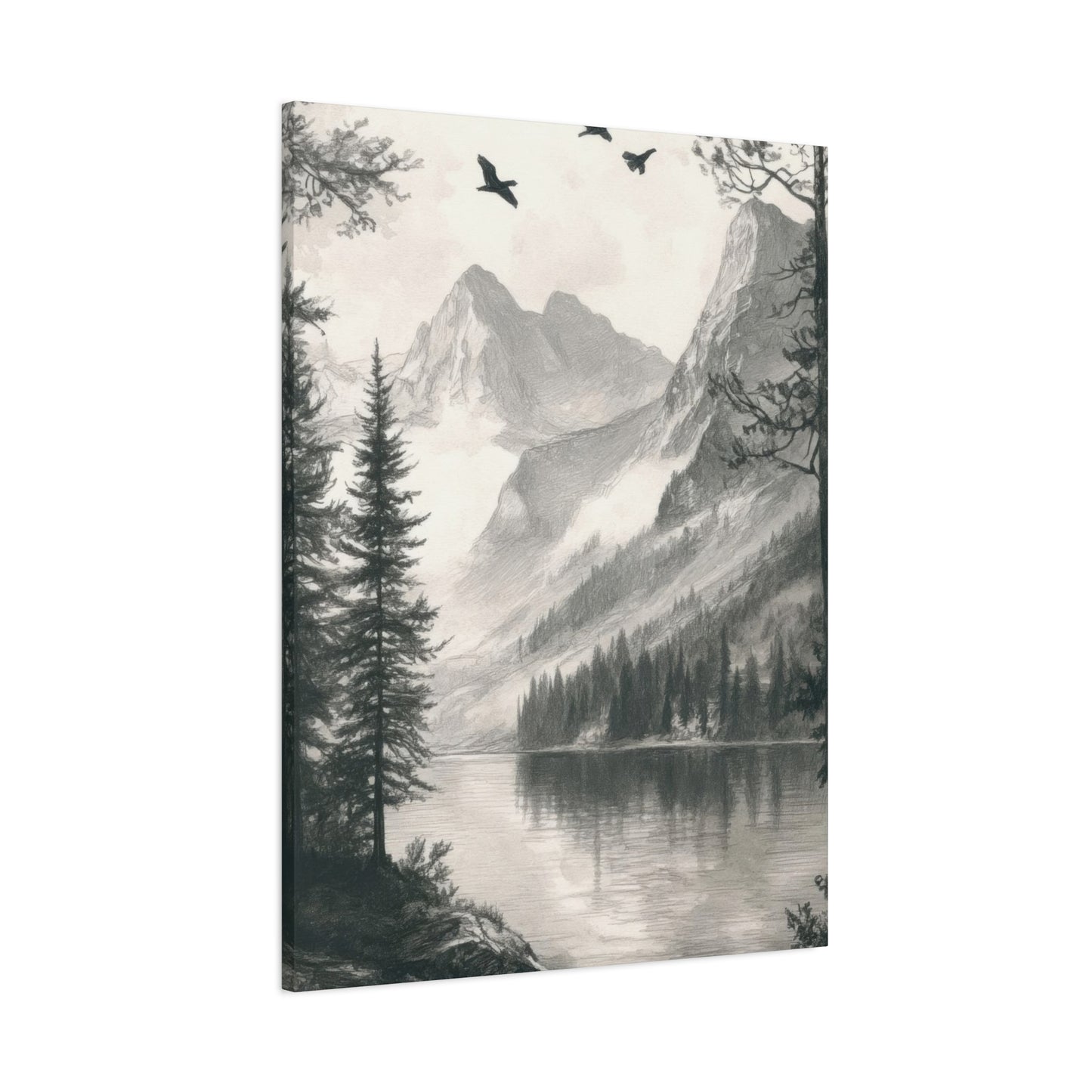 Lake Through Forest Grey Wall Art & Canvas Prints