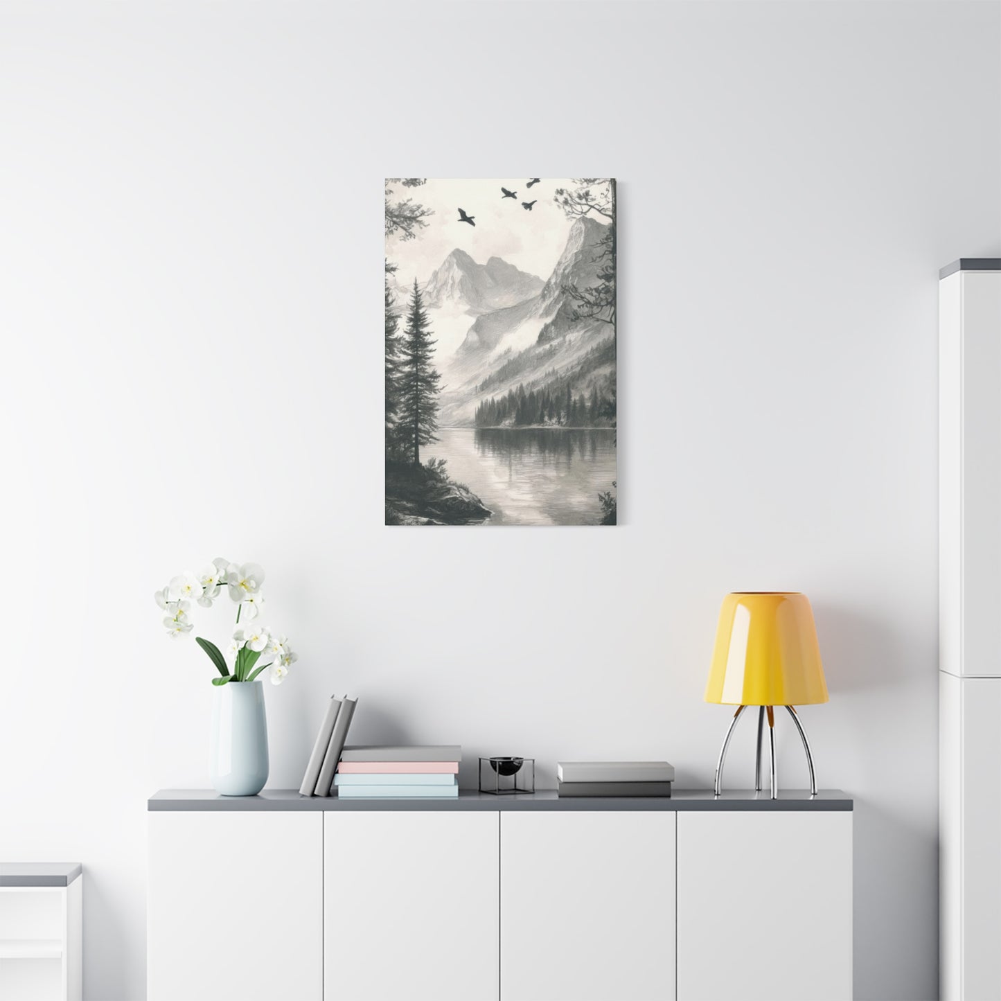 Lake Through Forest Grey Wall Art & Canvas Prints