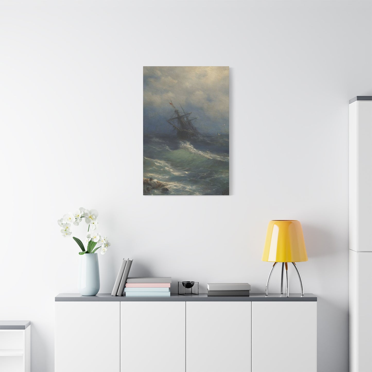 Black Sailing Ship At Waves Wall Art & Canvas Prints