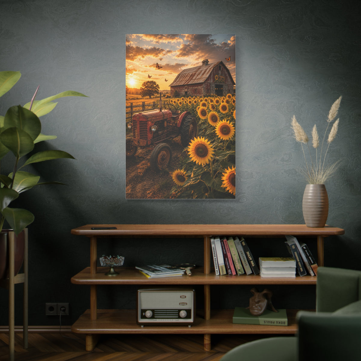 Rustic Farmhouse Sunflower Field Tractor Wall Art & Canvas Print