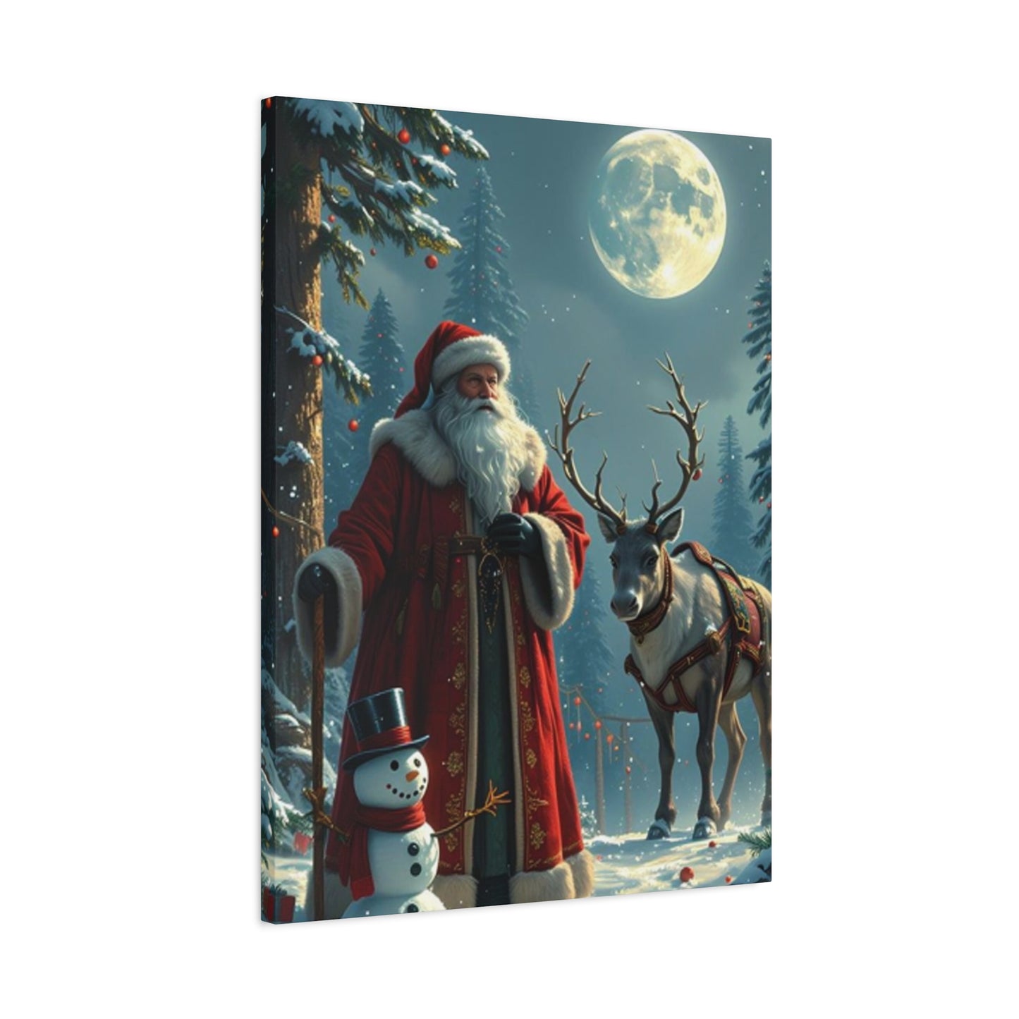 Santa Claus And Reindeer In Snow Wall Art & Canvas Prints