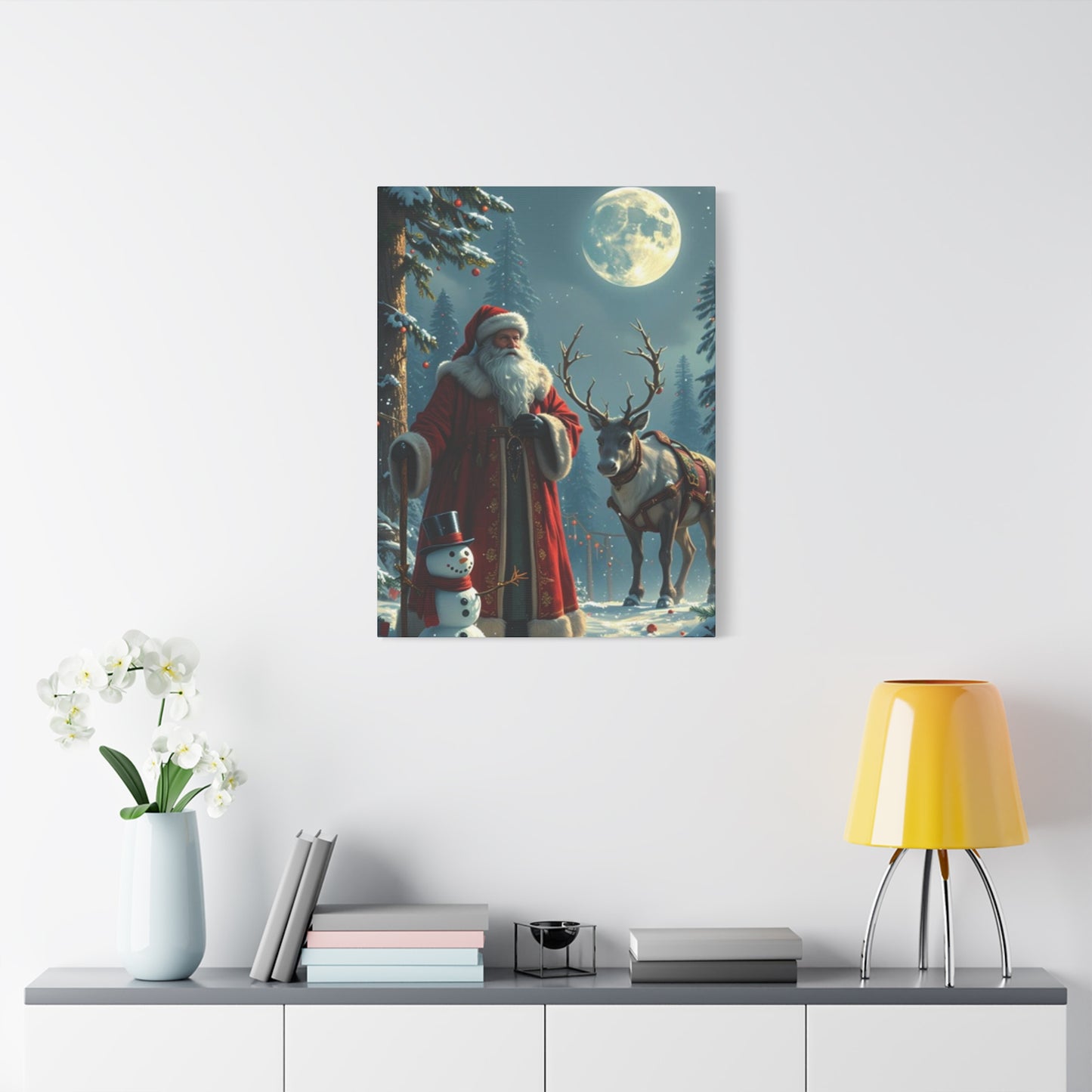 Santa Claus And Reindeer In Snow Wall Art & Canvas Prints