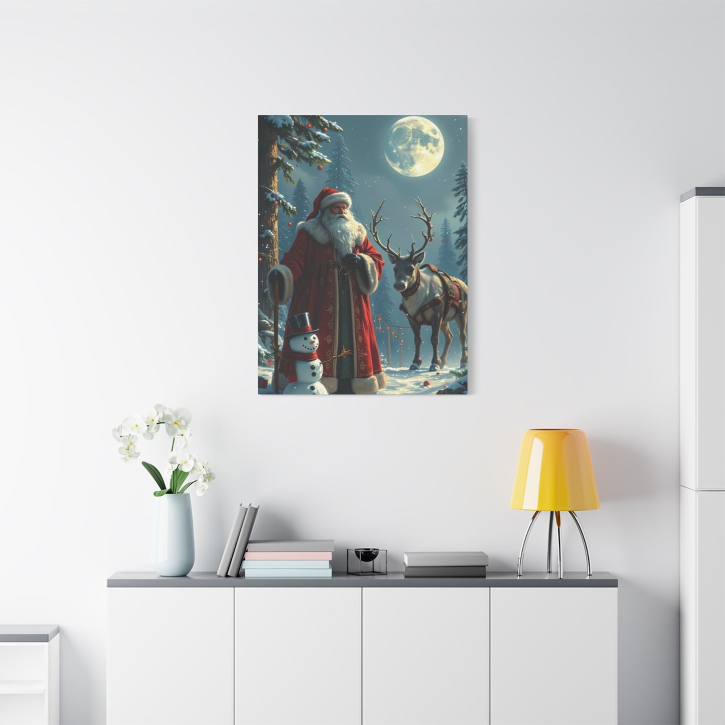 Santa Claus And Reindeer In Snow Wall Art & Canvas Prints