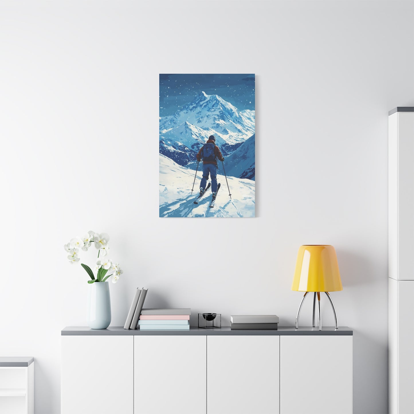 Skiing On A Snowy Mountain At Night Wall Art & Canvas Prints