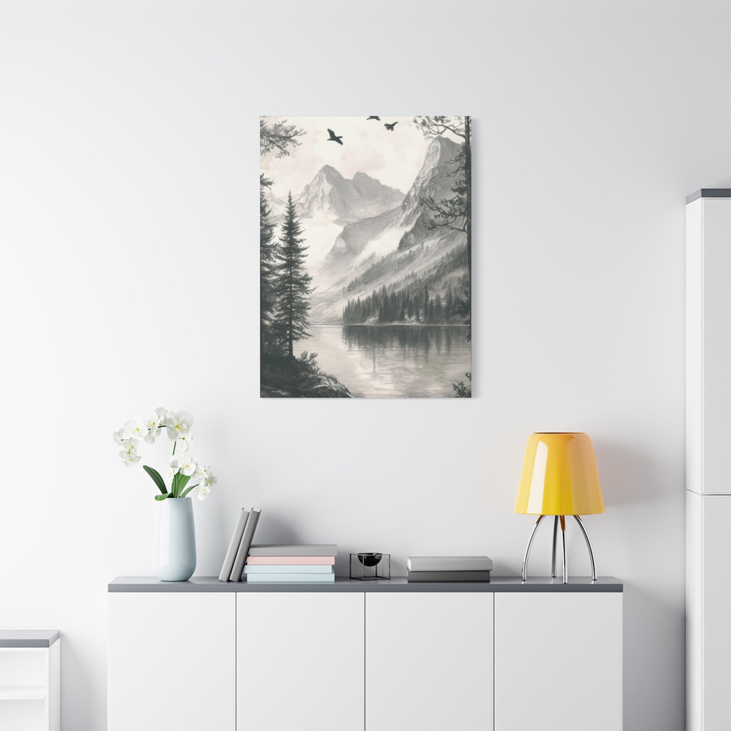 Lake Through Forest Grey Wall Art & Canvas Prints