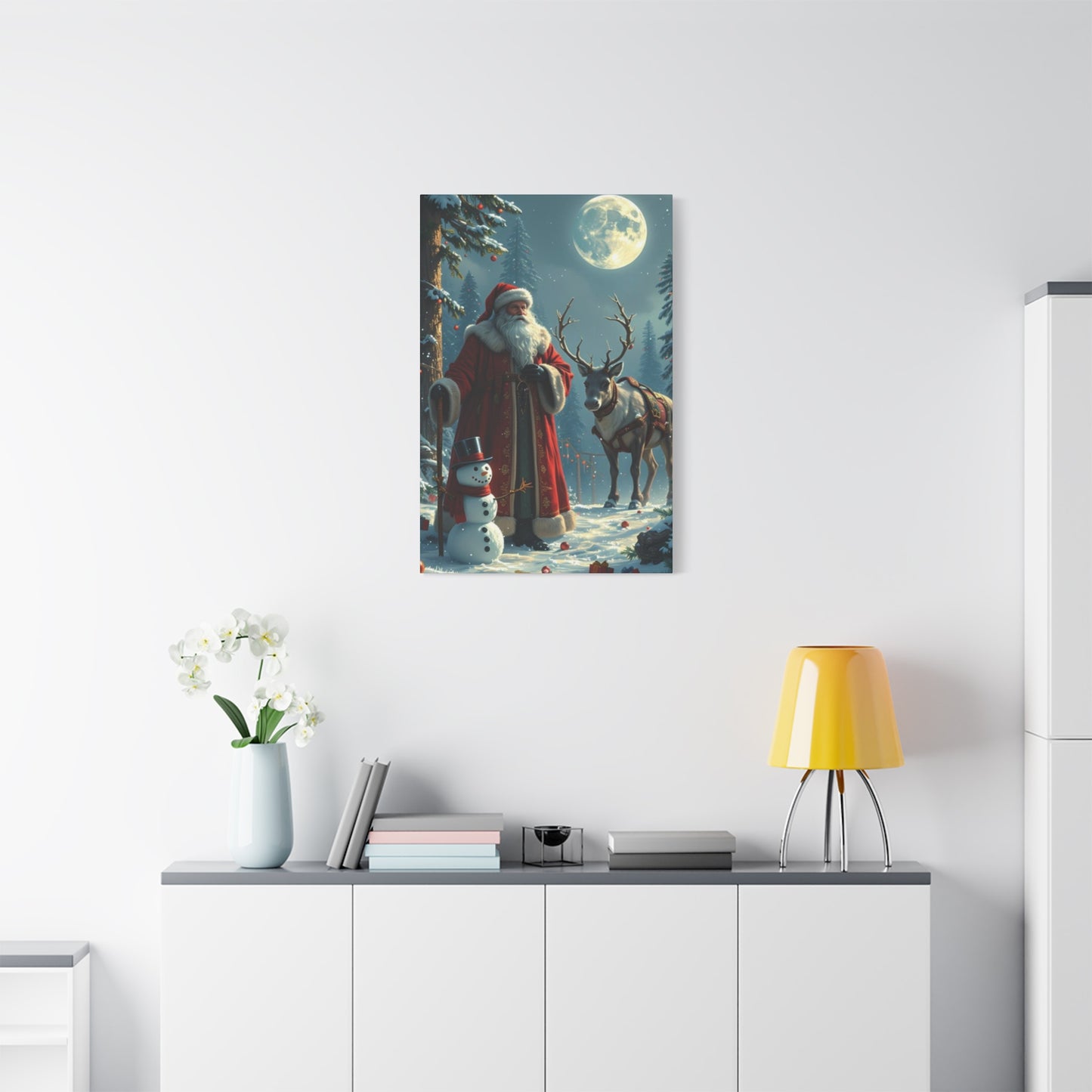 Santa Claus And Reindeer In Snow Wall Art & Canvas Prints