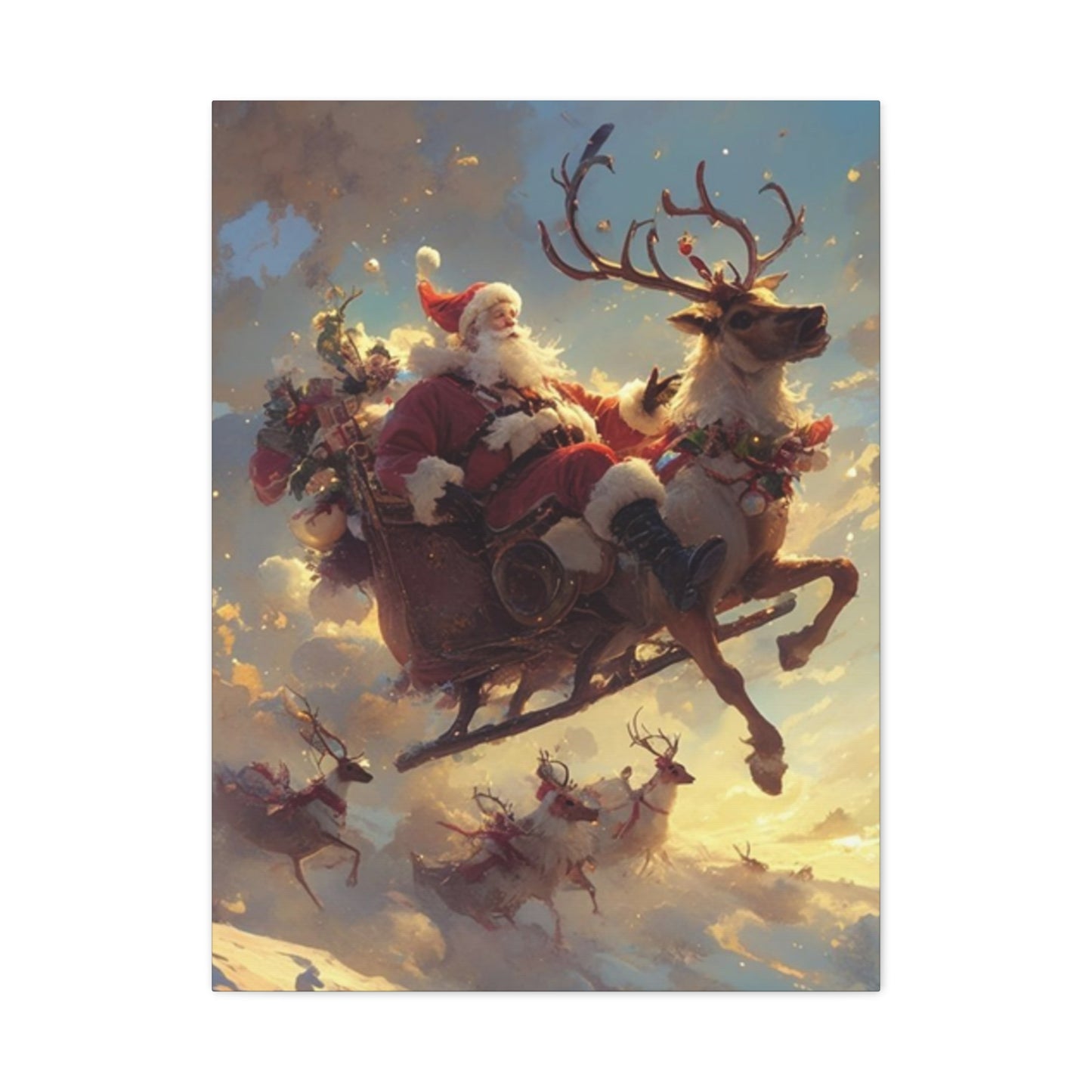 Santa Claus And Reindeer Flying Wall Art & Canvas Prints