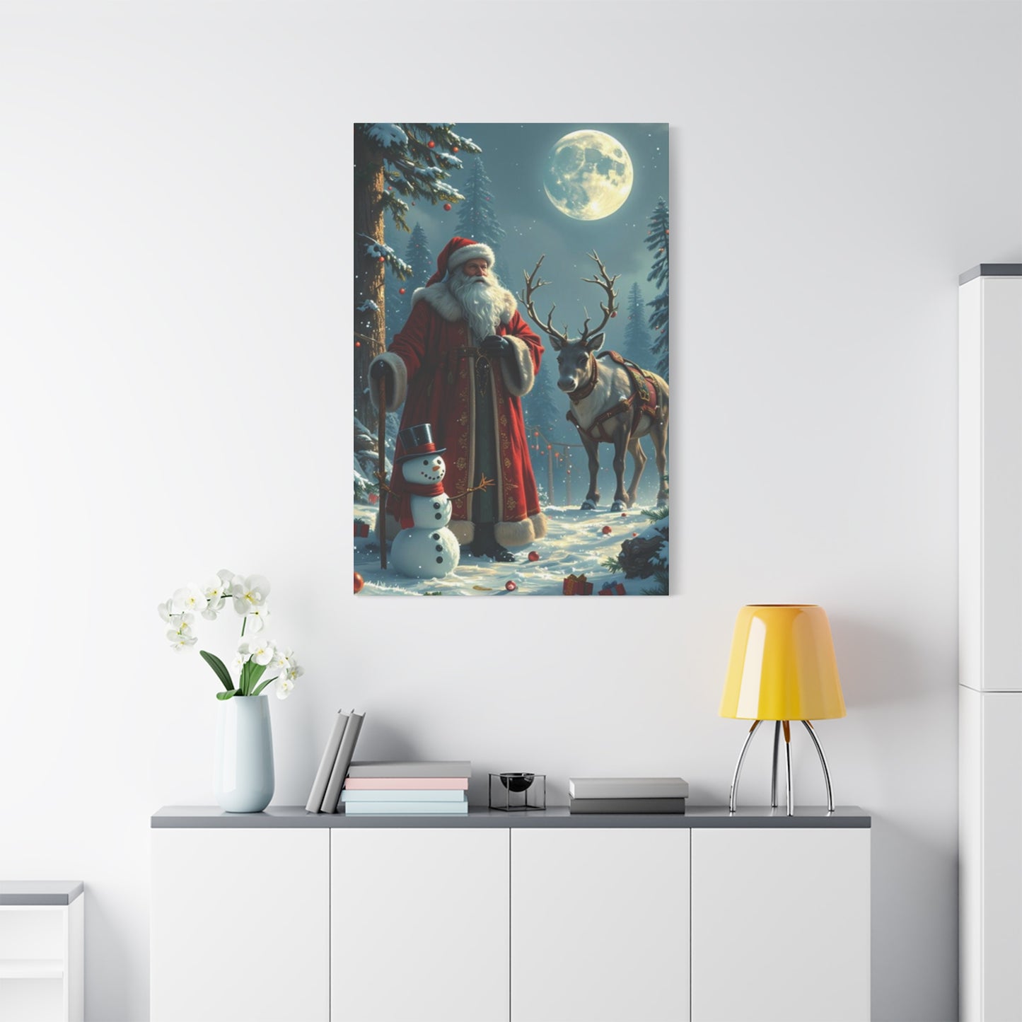 Santa Claus And Reindeer In Snow Wall Art & Canvas Prints