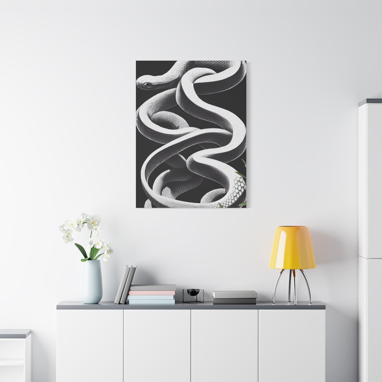White Snake On Black Poster Wall Art & Canvas Prints