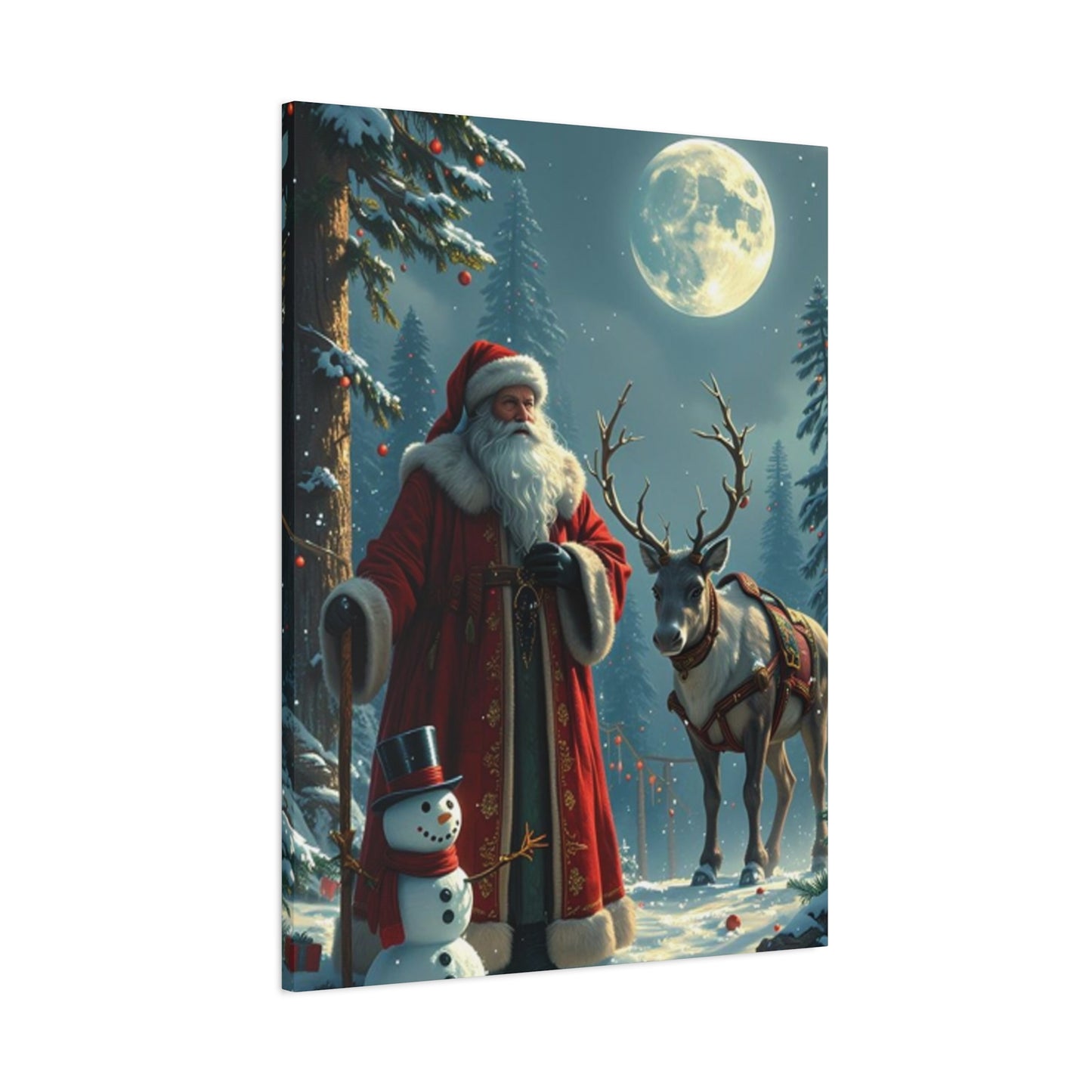 Santa Claus And Reindeer In Snow Wall Art & Canvas Prints