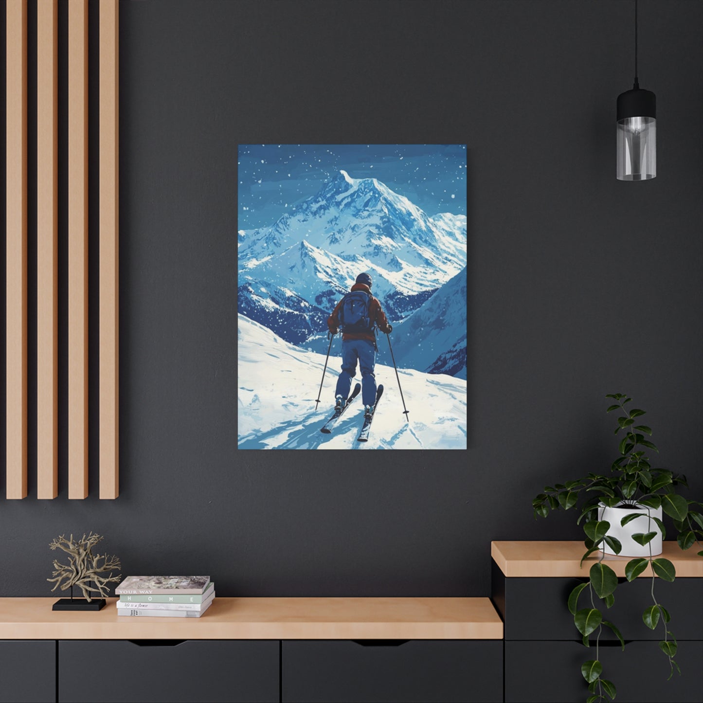 Skiing On A Snowy Mountain At Night Wall Art & Canvas Prints