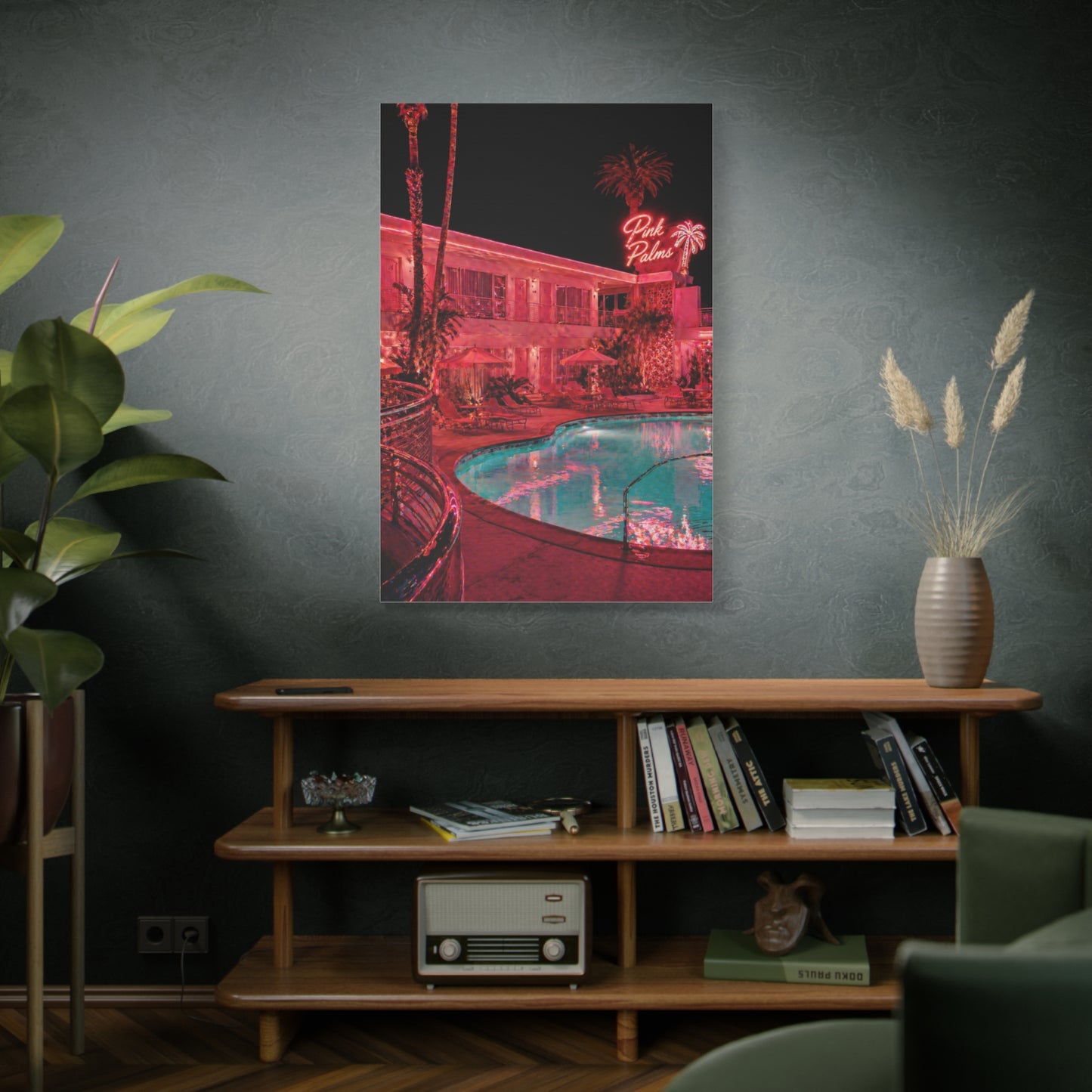 Pink Neon Pool Night Scene Wall Art & Canvas Print