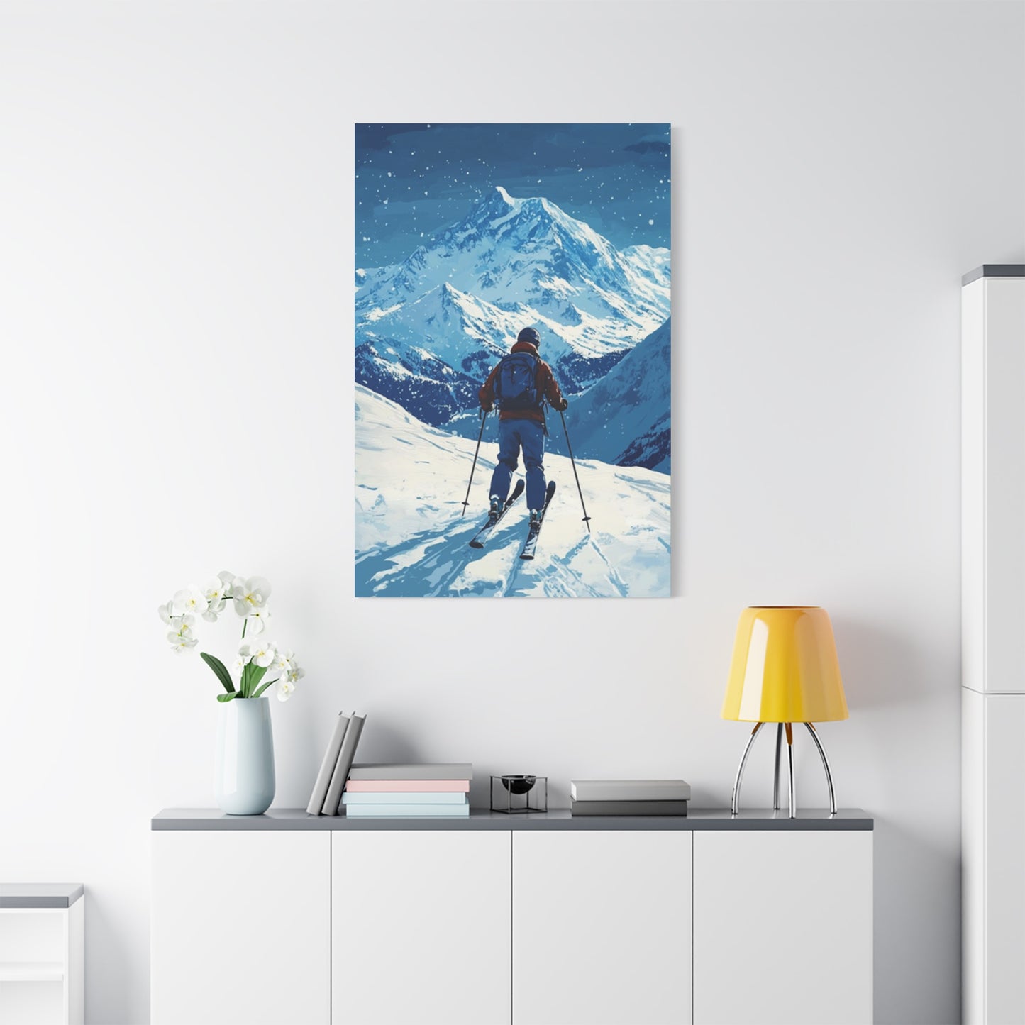 Skiing On A Snowy Mountain At Night Wall Art & Canvas Prints