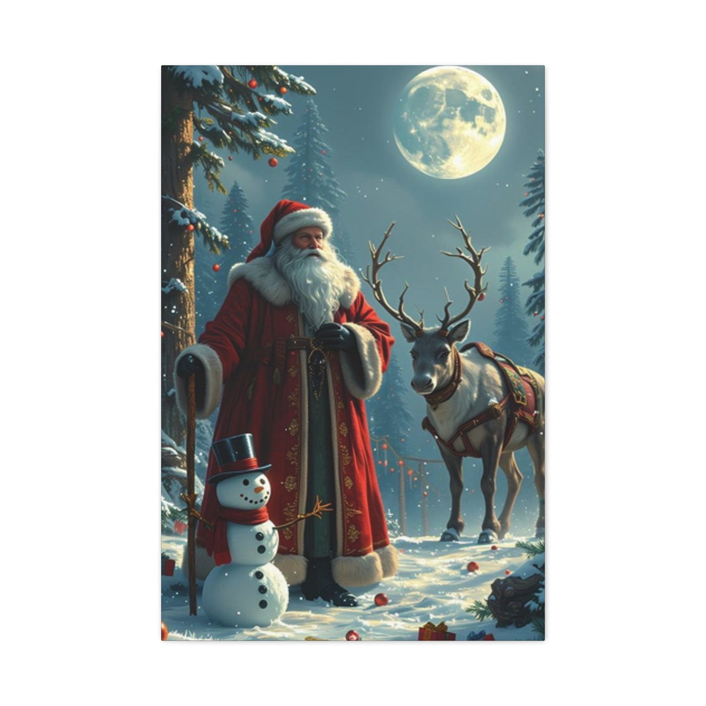 Santa Claus And Reindeer In Snow Wall Art & Canvas Prints