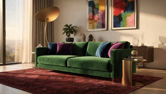 Elevate Your Modern Living Space With Jewel-Toned Textiles, Art, and Accessories