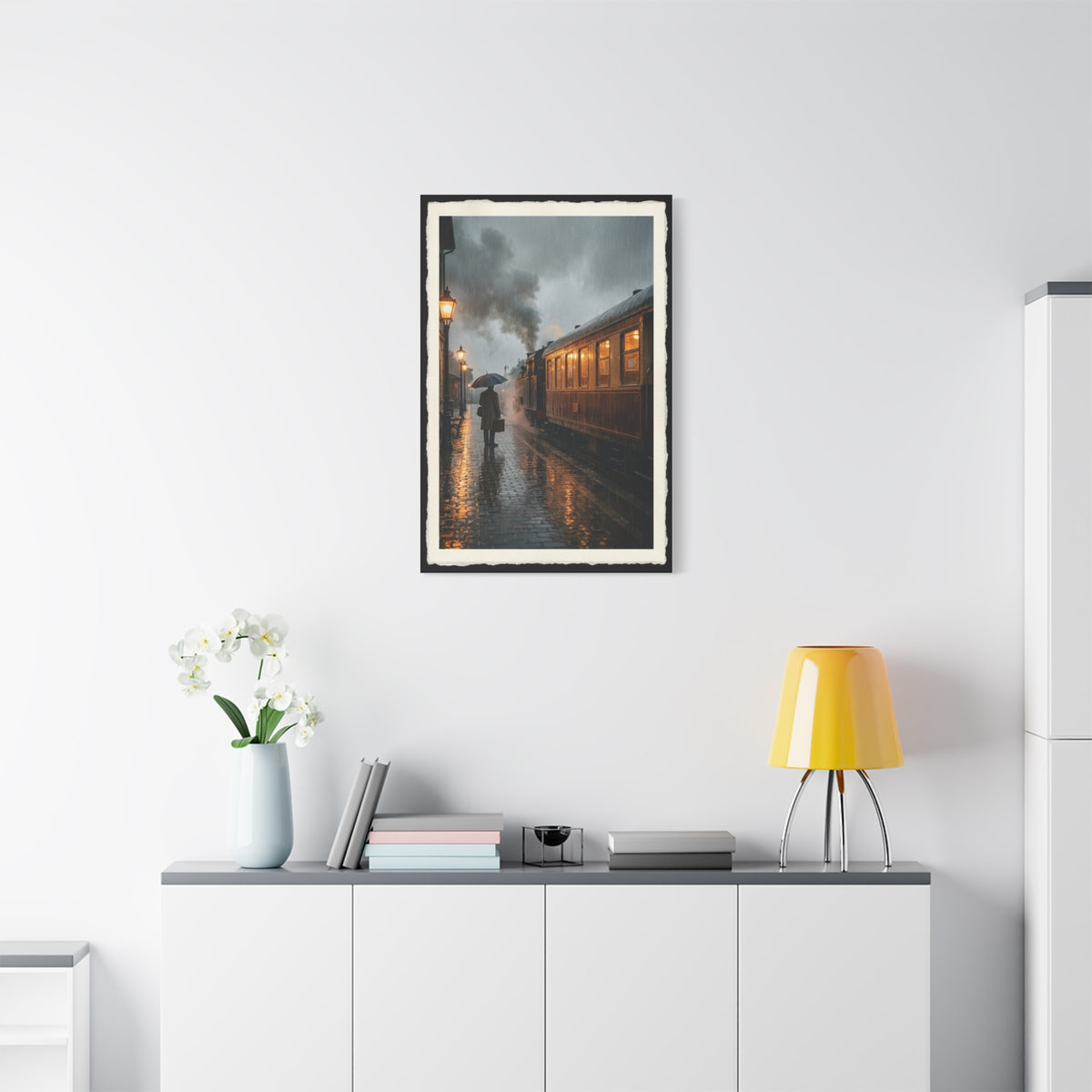 Rainy Train Platform Nostalgia Scene Wall Art & Canvas Print