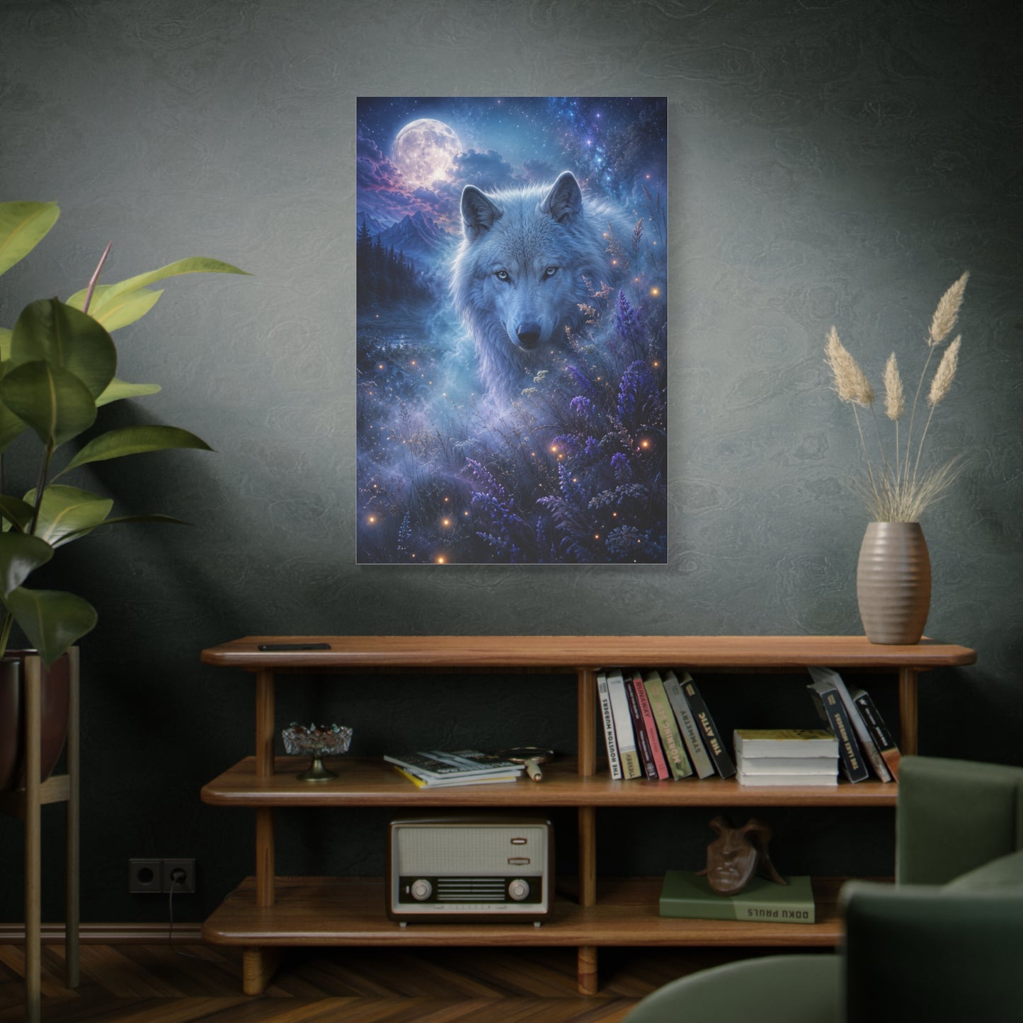 Moonlit White Wolf Portrait Wilderness Scene Wall Art & Canvas Print