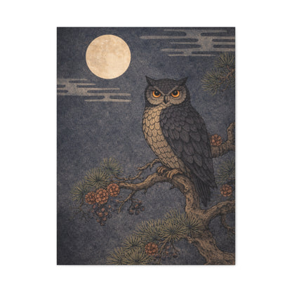 Nocturnal Pine Branch Owl Illustration Wall Art & Canvas Print