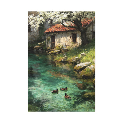 Spring Farmhouse Stream Scene Wall Art & Canvas Print