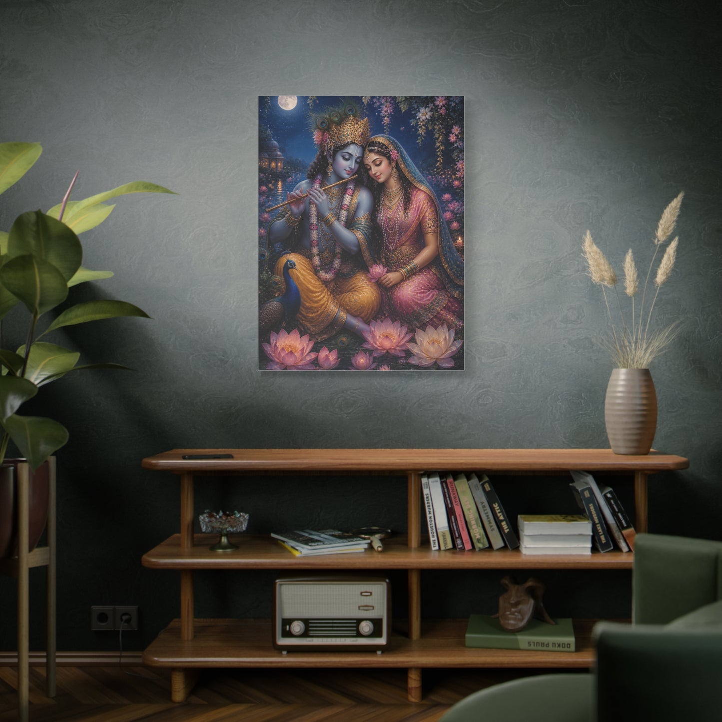Radha and Krishna Moonlit Lotus Garden Wall Art & Canvas Print