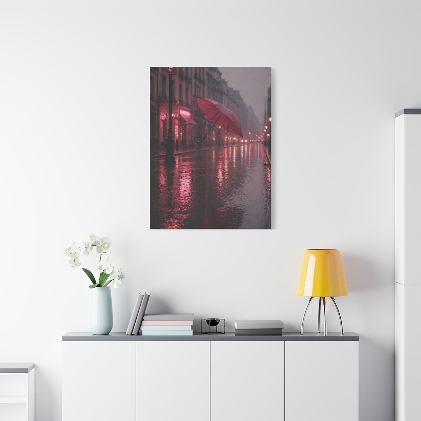 Romantic Pink Rain Street Reflection Wall Art & Canvas Print