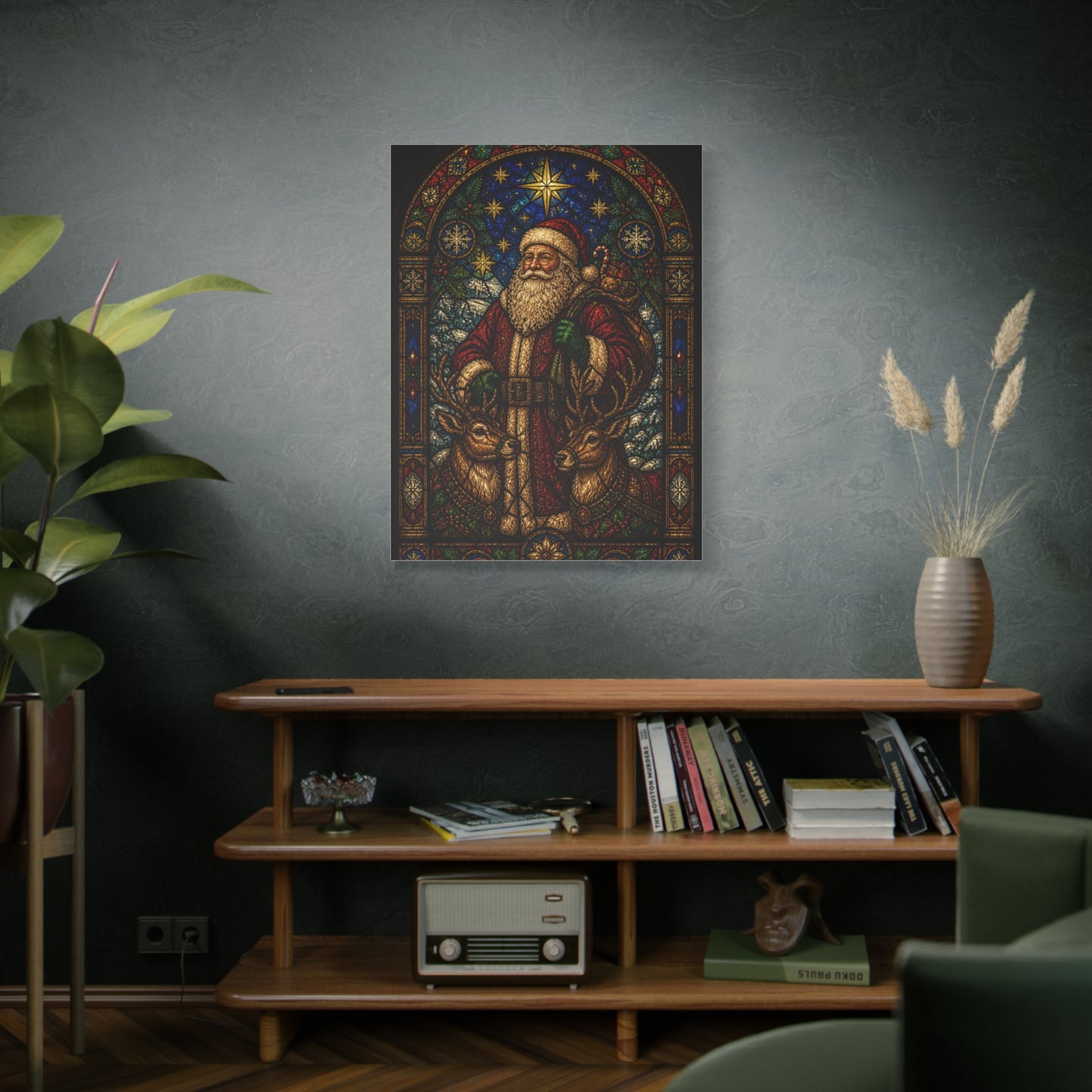 Stained Glass Santa and Reindeer Wall Art & Canvas Print