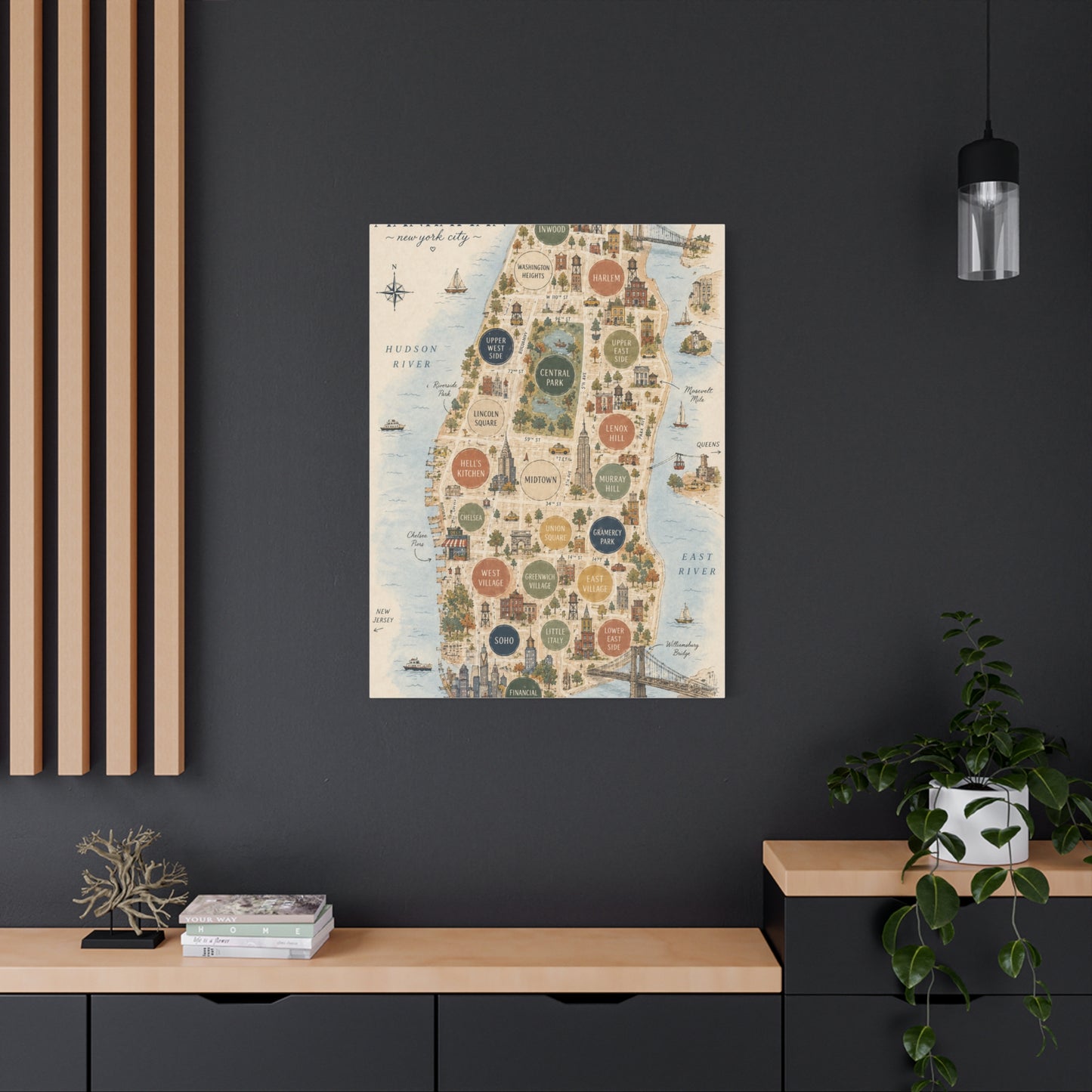 Manhattan Illustrated Map Composition Wall Art & Canvas Print